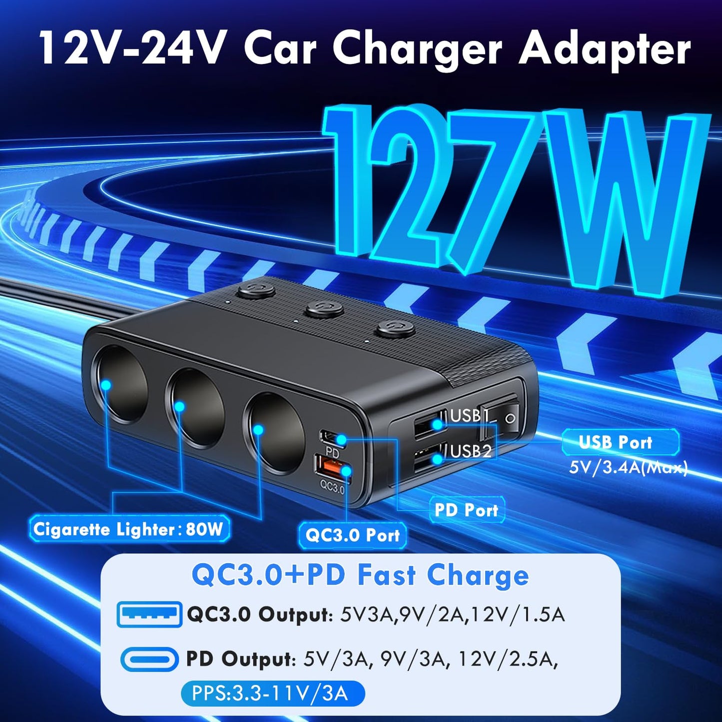 EVKIFEY 127W Cigarette Lighter Splitter Adapter 3 Socket 12V/24V Car Charger USB QC 3.0 /PD Dual USB Ports,LED Voltage Display, Independent