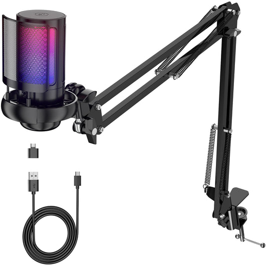 Gaming USB Microphone for PC?Podcast Microphone Kit for Streaming, Condenser Mic with Quick Mute, Boom Arm, Pop Filterm, RGB Indicator, Shock Mount