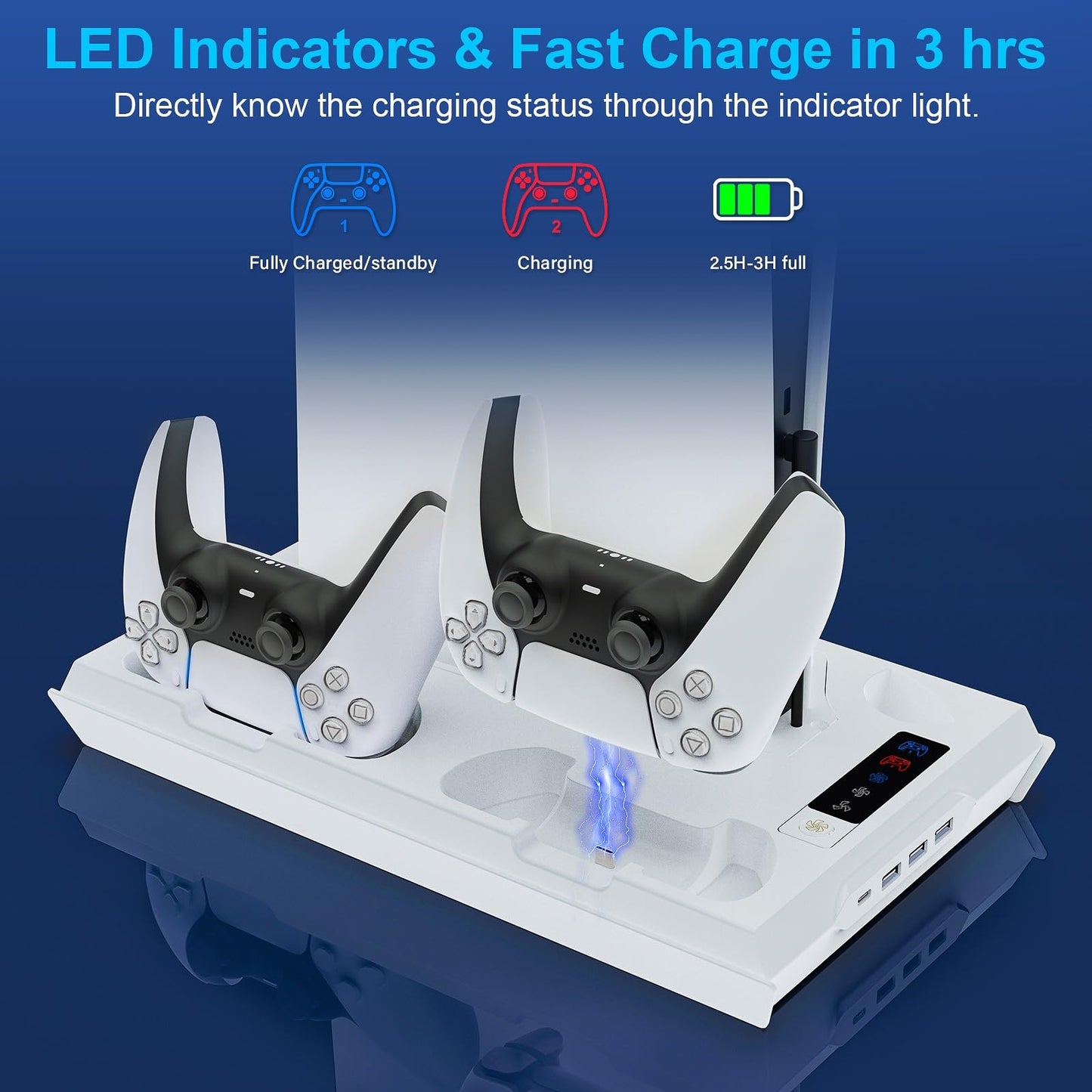 Paobas Cooling Station for PS5 with Dual Controller Charging Station, Stand for PS5 Slim Console, Headset Holder, 4 USB Hub & USB-C Port - All-in-One