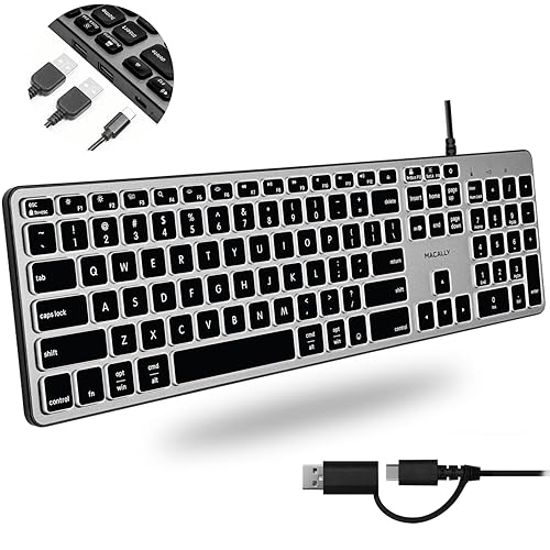 Macally Wired Keyboard for Mac with USB Hub (2X USB-A / 1x USB-C) - Compatible Backlit Apple Keyboard with Dual Interface - Auto OS Detection for Mac