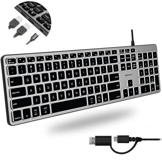 Macally Wired Keyboard for Mac with USB Hub (2X USB-A / 1x USB-C) - Compatible Backlit Apple Keyboard with Dual Interface - Auto OS Detection for Mac