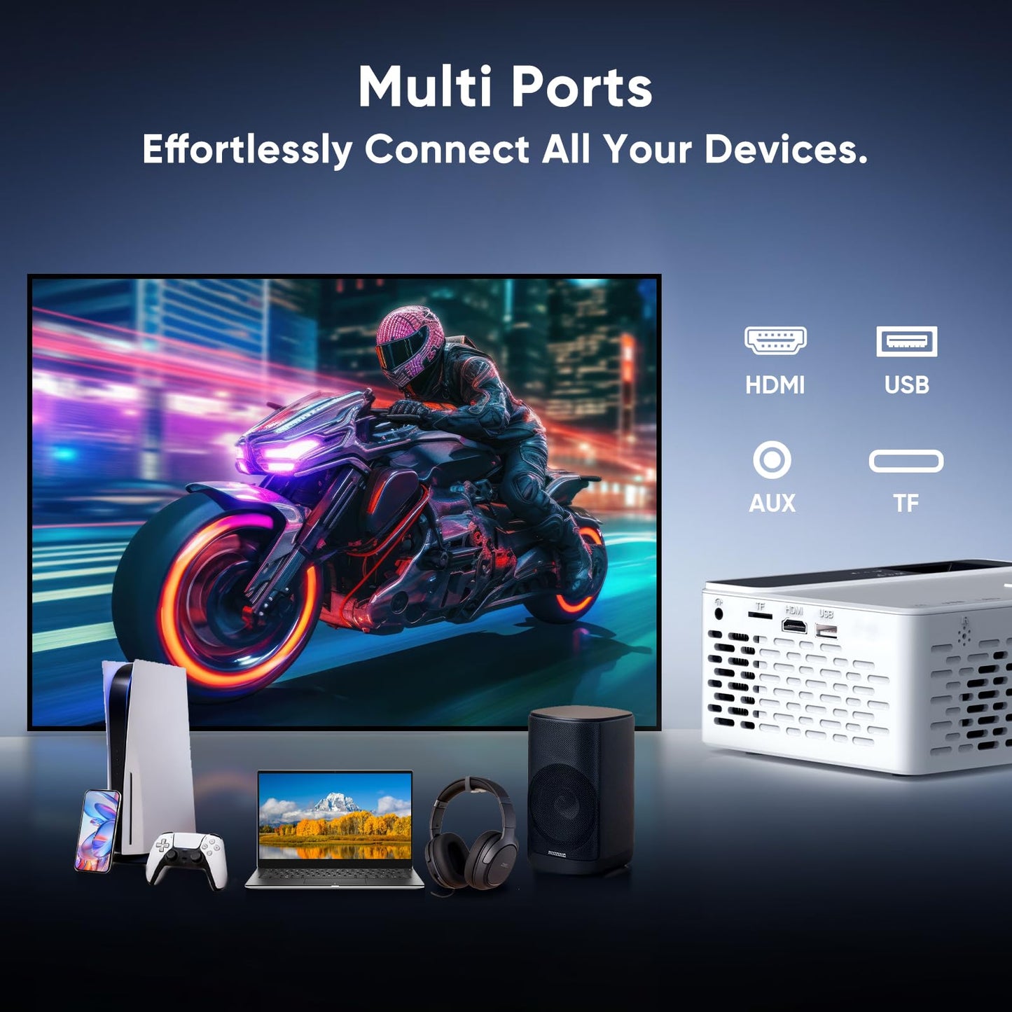TMY Mini Movie Projector with WiFi and Bluetooth, Compatible with Netflix/Prime Video/YouTube, 1080P Full HD Portable Projector, for Smartphone/TV