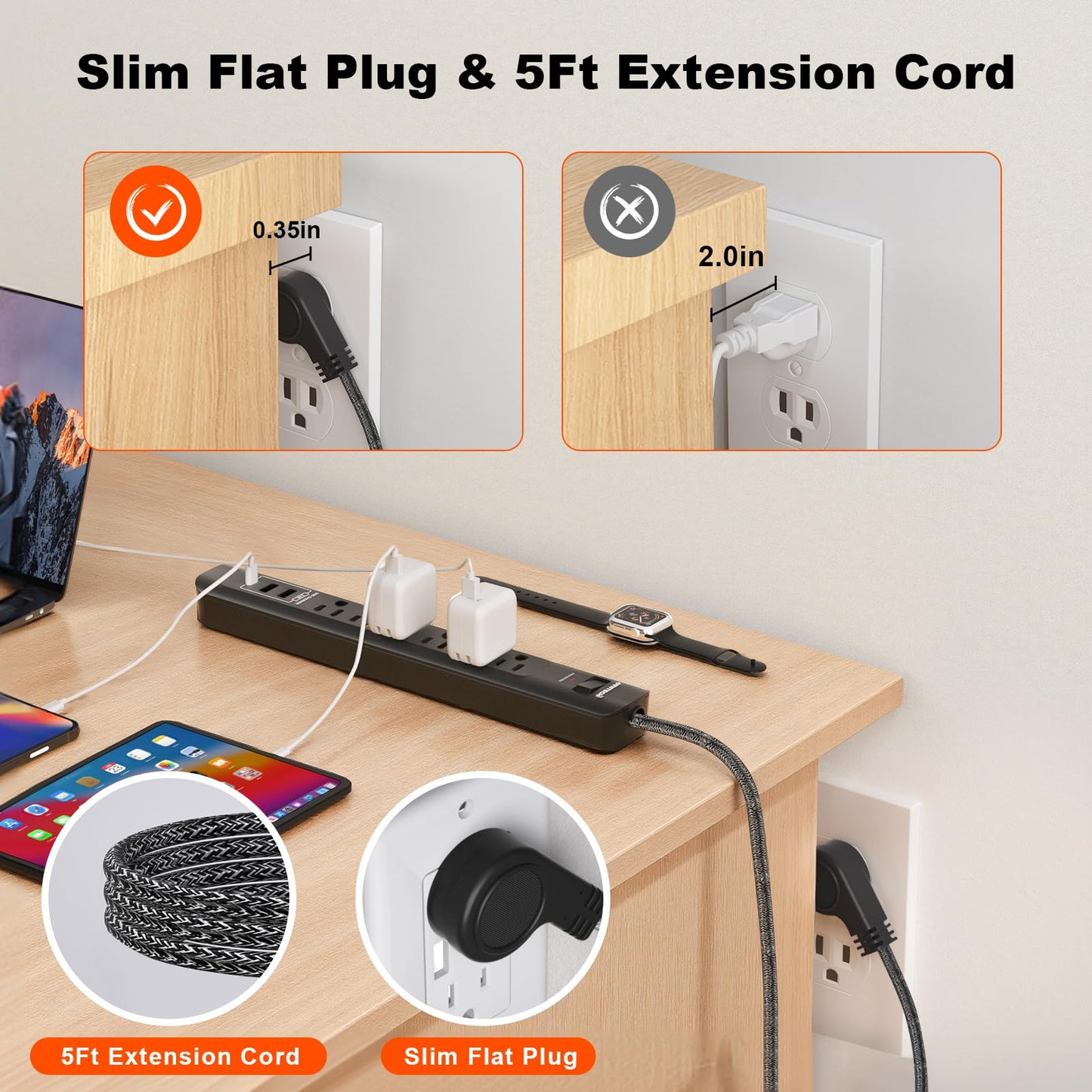 2 Pack Power Strip Surge Protector - 5Ft Extension Cord with 6 Outlets with 3USB Ports(1 USB C) Port, 1875W/15A, Flat Plug, Wall Mount Desk Charging