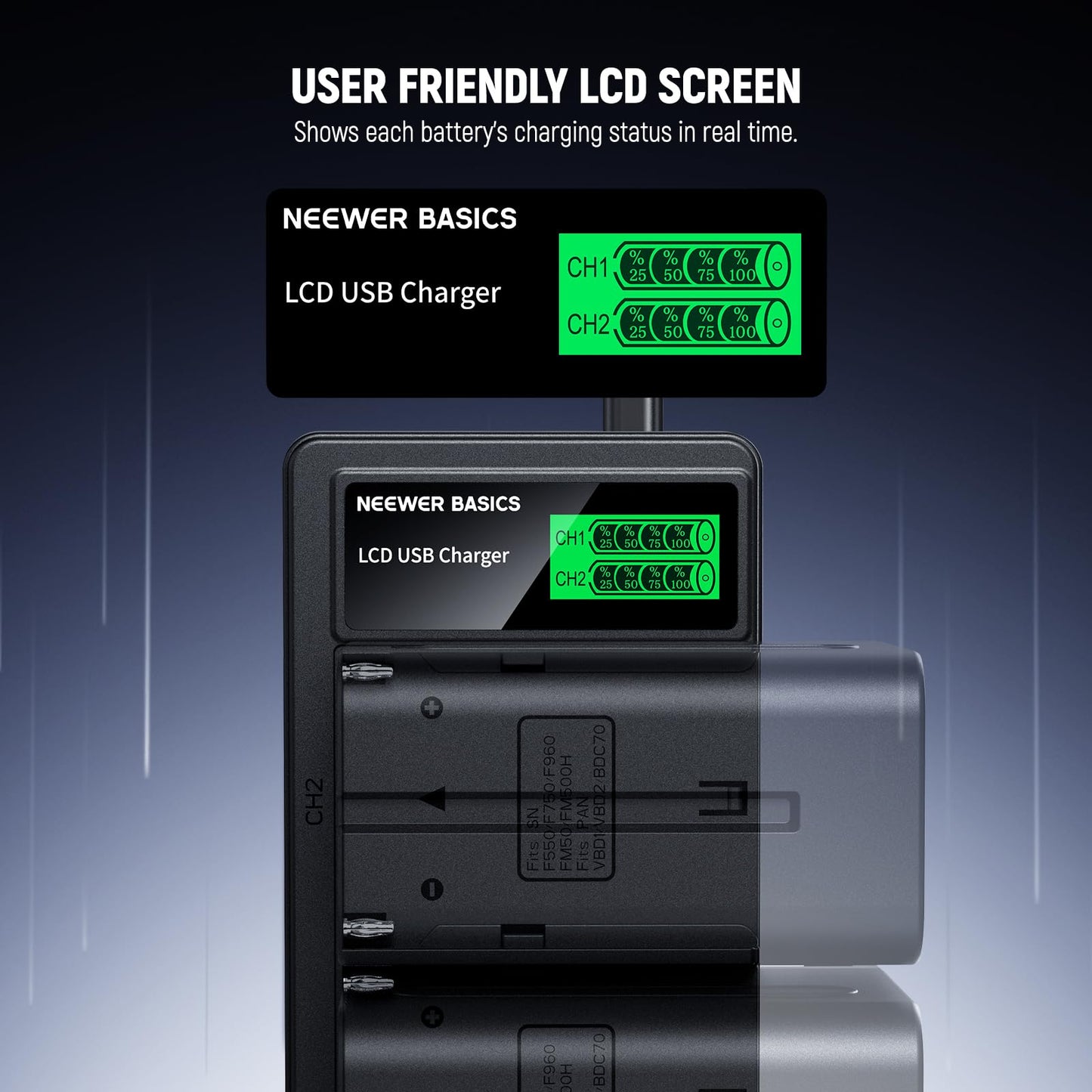 NEEWER Basics 2Pcs NP-F970 7800mAh Replacement Battery Dual USB Charger Compatible with Sony NP-F970 F960 F950 F770 F750 F570 F550 FX3 FX30 A7 Canon