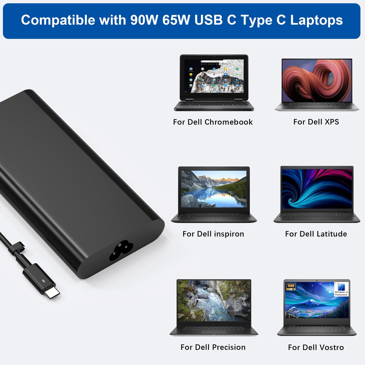 QIOUZW 90W USB C Laptop Charger Compatible with Dell xps Adapter,LA90PM170 DA90PM170 DA65NM170,Latitude 3400 3500 5400 5289 5300 7400 7300 7390 7200