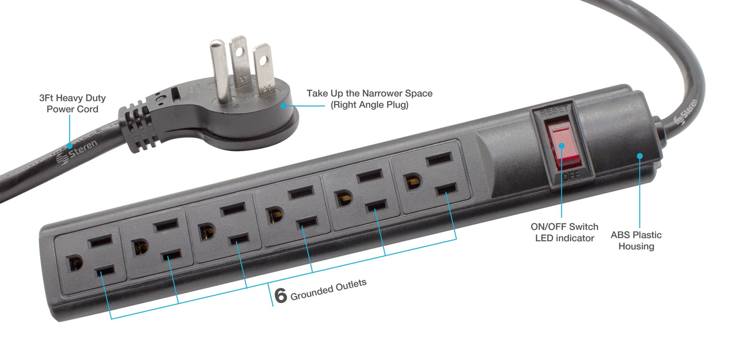 STEREN 6-Outlet Power Strip with 3ft Cord, Right Angle, 90 Degree, Black