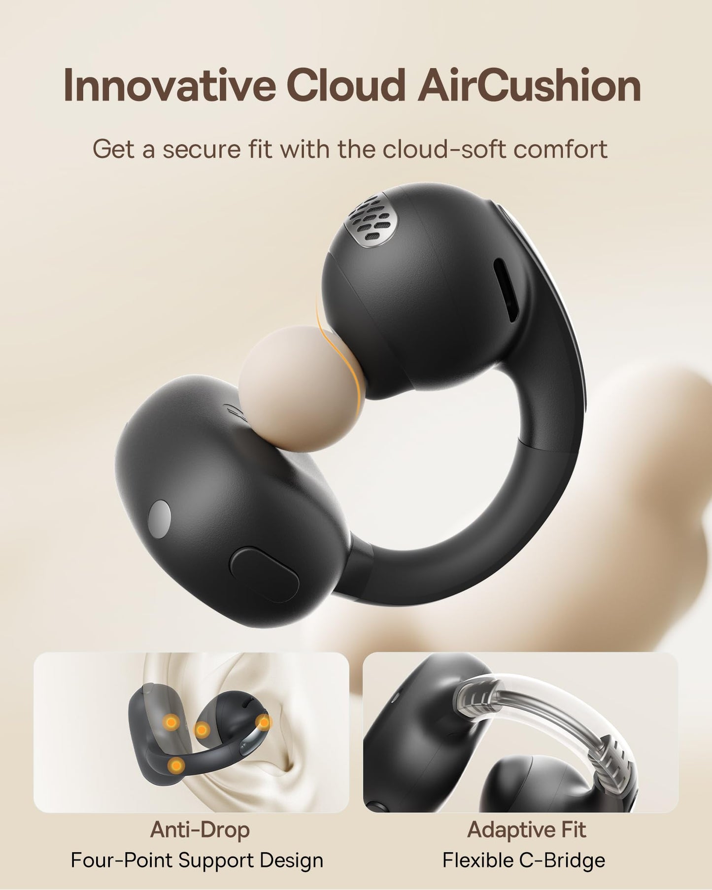 Baseus Bowie MC1 Open Ear Clip-On Earbuds, Adaptive Comfort with Anti-Drop Design, Impactful Sound with Adaptive Bass Boost, Adaptive Noise Cancelling