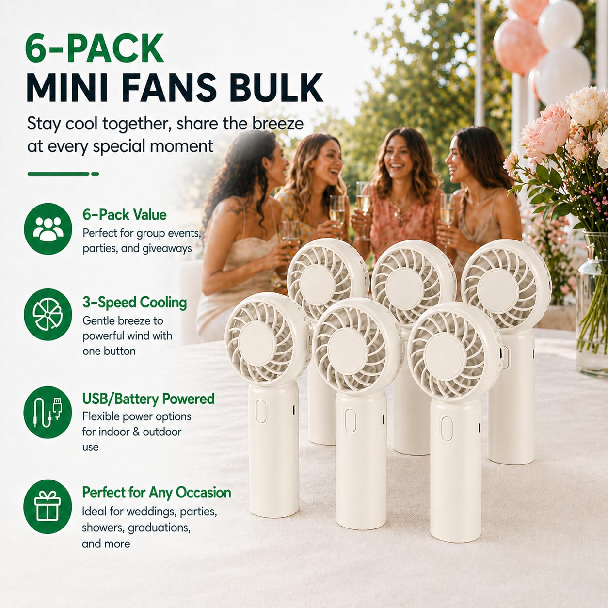 AURAELOS 6 Pack Mini Fans with 6-Port USB Charger, Wedding Favors, Ivory