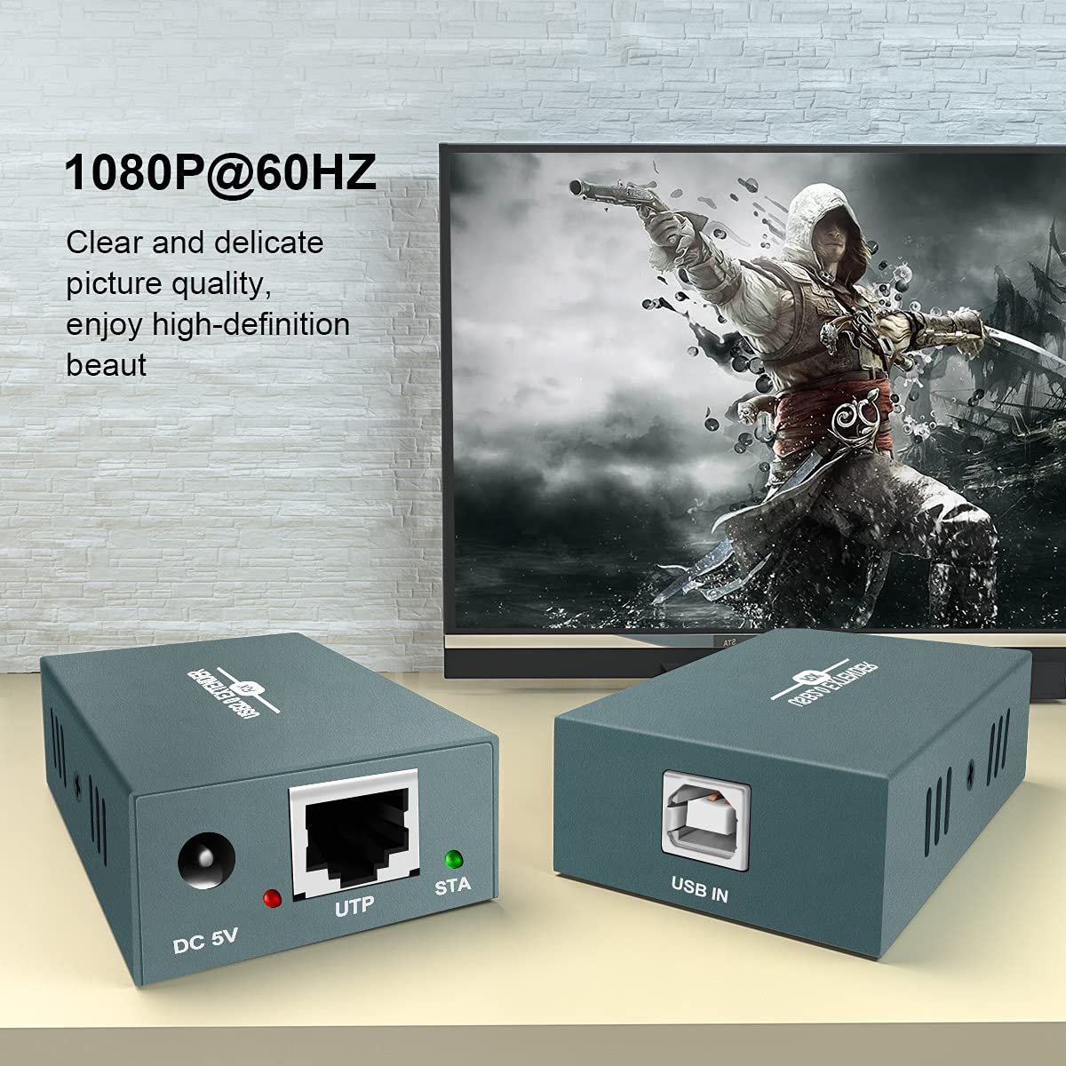 USB Extender Over Ethernet RJ45 LAN Extension, with 4 USB 2.0 Ports, Transmit 50m/165ft Over Ethernet Cat5/5e/6/7, Support Power Over Cable, Play