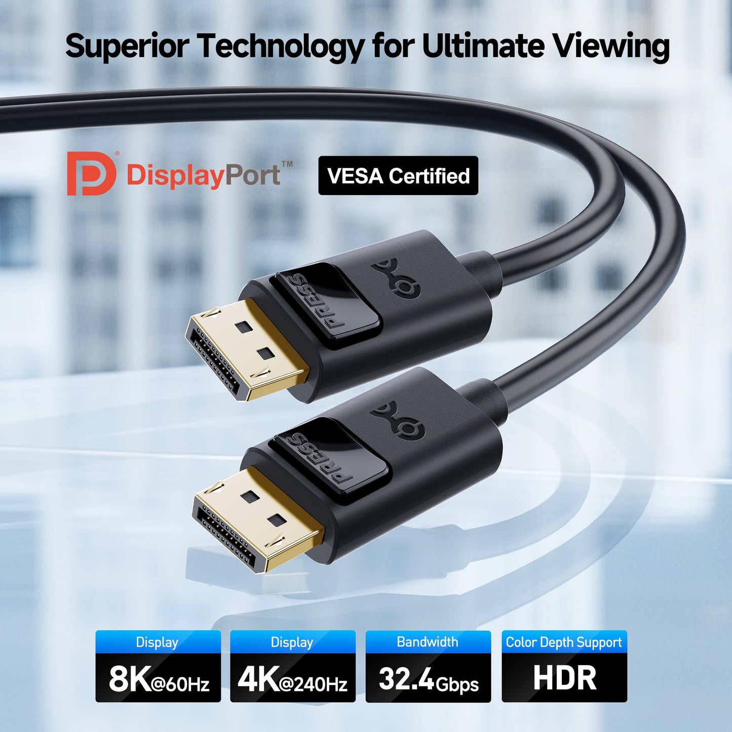 Cable Matters [VESA Certified] 32.4Gbps DisplayPort 1.4 Cable - 10ft, Support 8K 60Hz, 4K 240Hz DisplayPort Cable 1.4 with FreeSync, G-SYNC and HDR