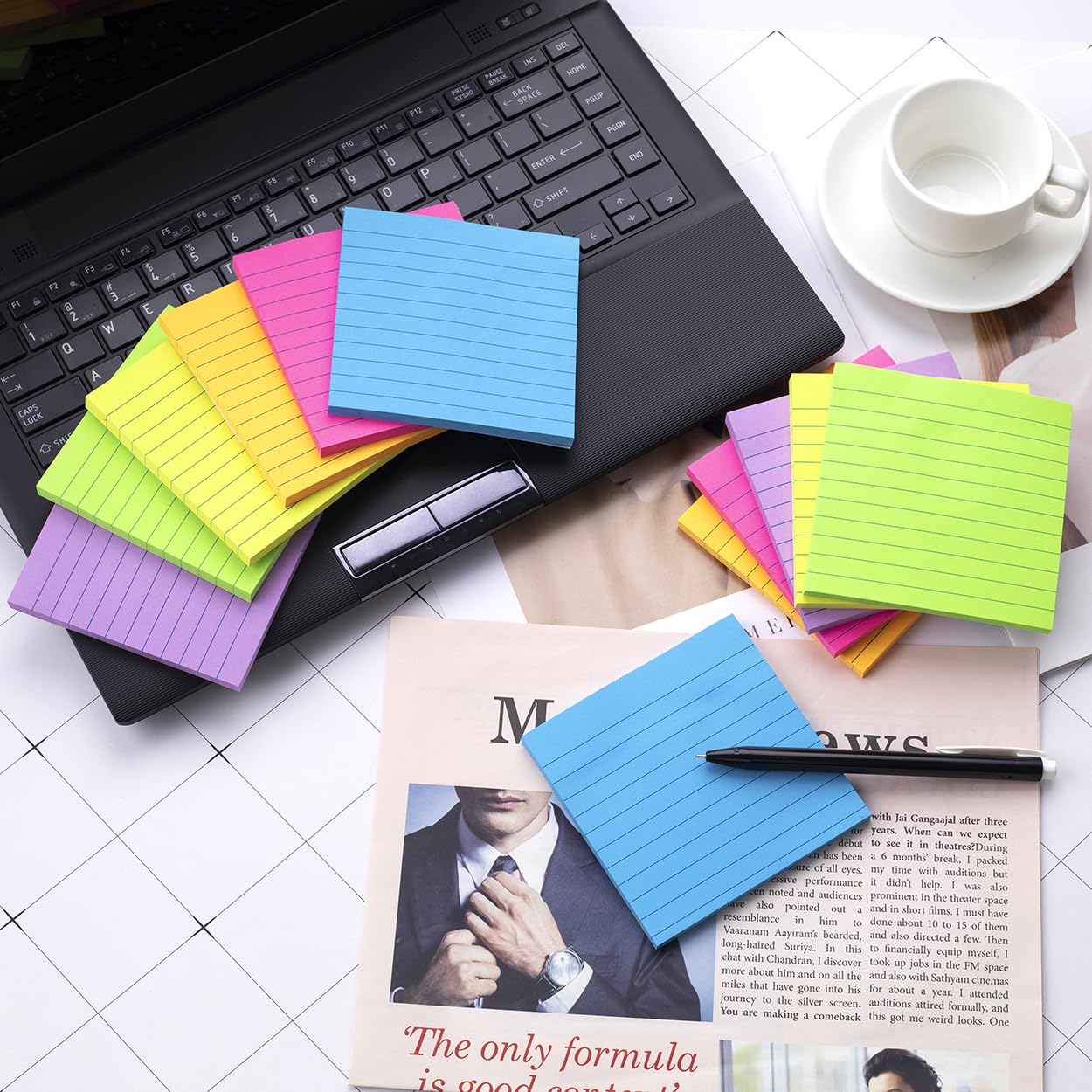 (12 Pads) Lined Sticky Notes 4x4 in, 6 Bright Colors Self-Stick Note Pads