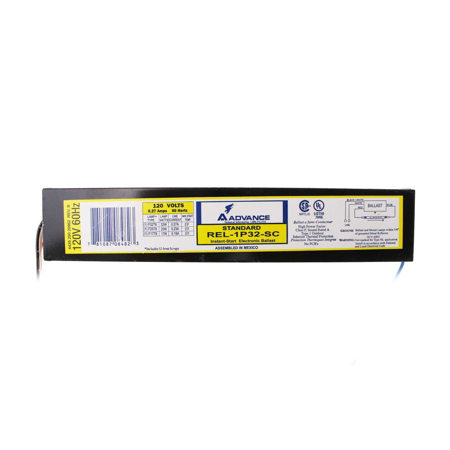 Advance REL-1P32-SC Electronic Fluorescent Ballast, Instant Start, 1 Lamp, F32 T8, 32W, 120V