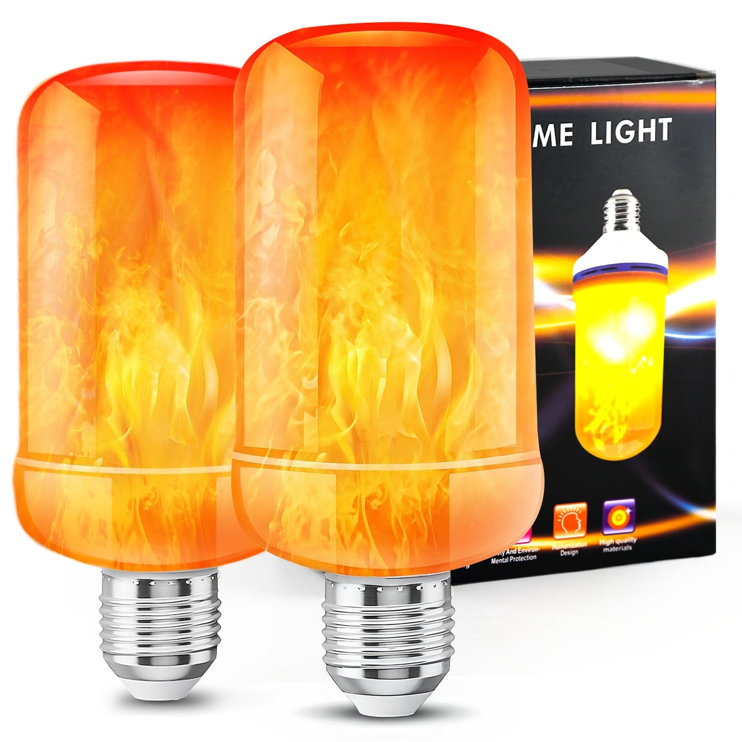 LED Flame Light Bulbs (2 Pack), 4 Modes Flickering Light Bulbs with Upside Down Effect, E26 Base Realistic LED Fire Lights for Halloween Christmas