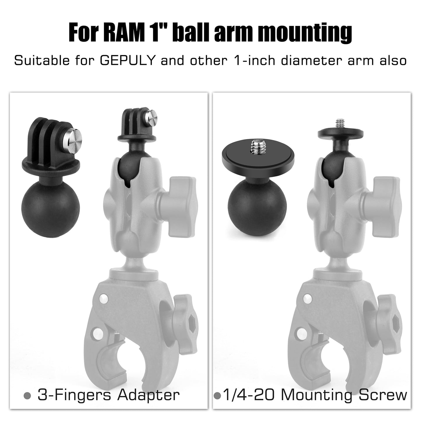 GEPULY 2pcs 1''/25mm Ball Head Mount 1/4"-20 Threaded Stud+Tripod Adapter for Gopro Hero Series/AKASO/Insta360/DJI OSMO Action Camera, Fit RAM Ball