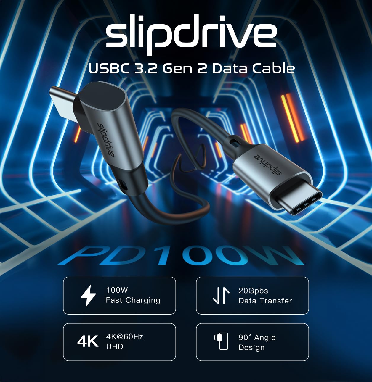 Slipdrive Short USB C to USB C 3.2 Gen 2 (12 in.) - 20Gbps, SSD HDD Hard Drive Cable - Right Angle High Speed Data Transfer 4K Video Output 90 Degree
