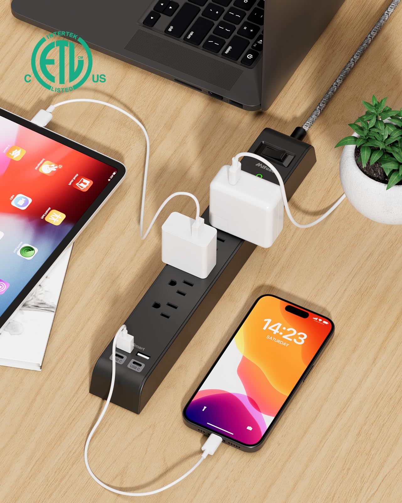2 Pack Surge Protector Power Strip with 6 Outlets 4 USB Ports 5-Foot Long Heavy-Duty Braided Extension Cords Flat Plug 900 Joules 15A Circuit Breaker