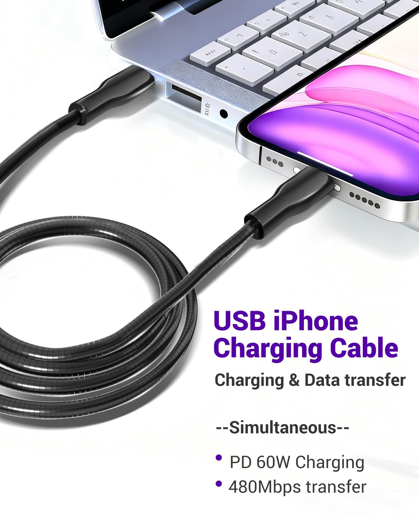 Metal USB C Cable Chew Proof Charging Cord, 6.6ft USB-C to USB-C Cord with PD 60W Fast Charging & Data Sync, Tangle-Free Dog Cat Chew Proof Phone