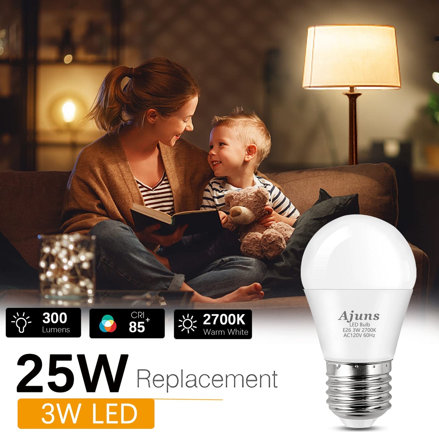 Ajuns LED 3W 25 Watt Light Bulbs Equivalent, 120V Ceiling Fan Light Table Lamp Bulb Warm White 2700K LED Energy Saving Light E26 Base, Suitable