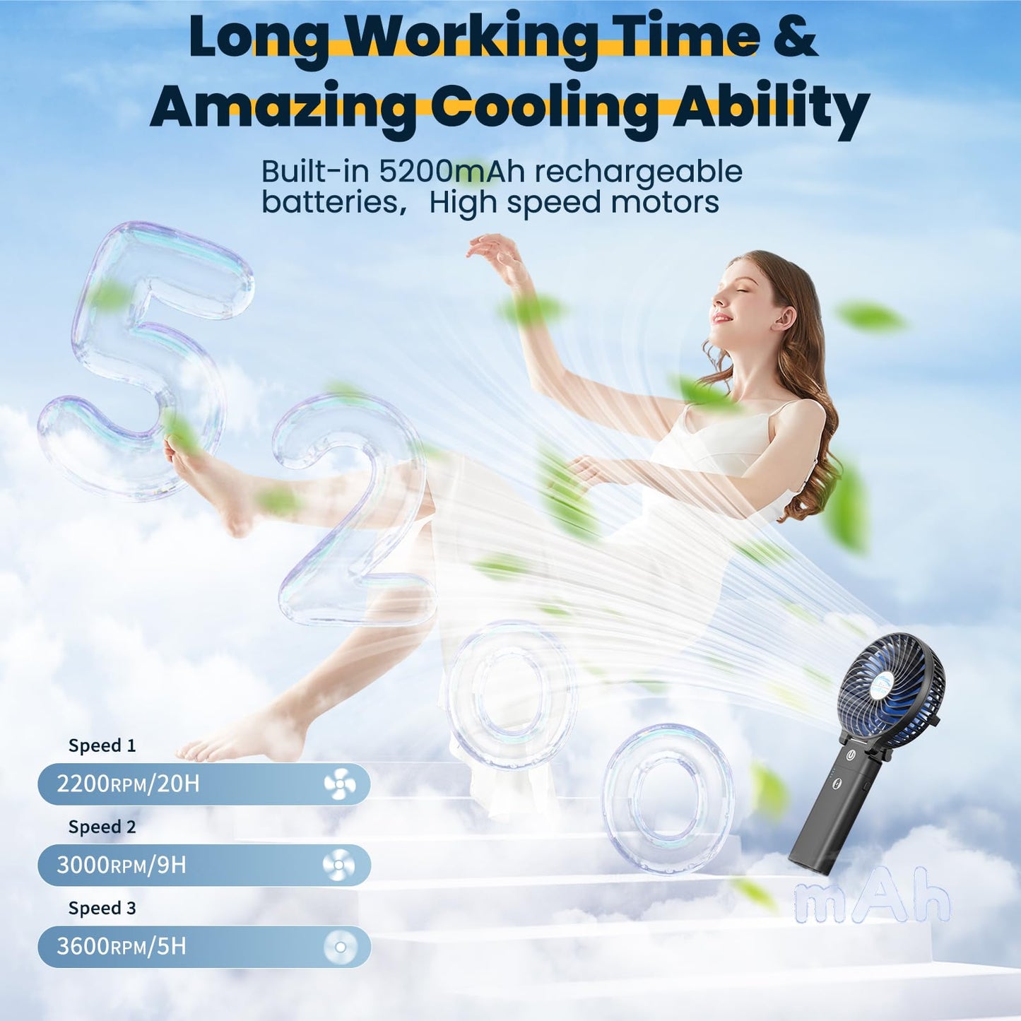 HandFan 5200mAh Portable Handheld Fan Rechargeable - 3 Speeds Foldable Personal Cooling, 2-IN-1 Hand Held Fan Battery Operated, 20H Runtime