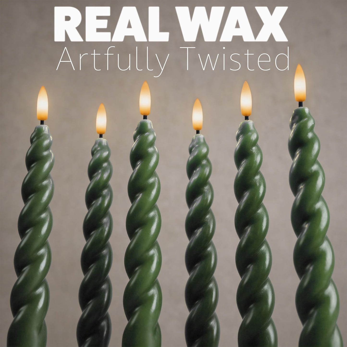 West Ivory Full Twisted Spiral Flameless LED Taper Candles - Loden Green, Set of 2 - 2/4/6/8-Hr Timer (24-Hr Memory), Remote, Dimmable, Bottom On/Off