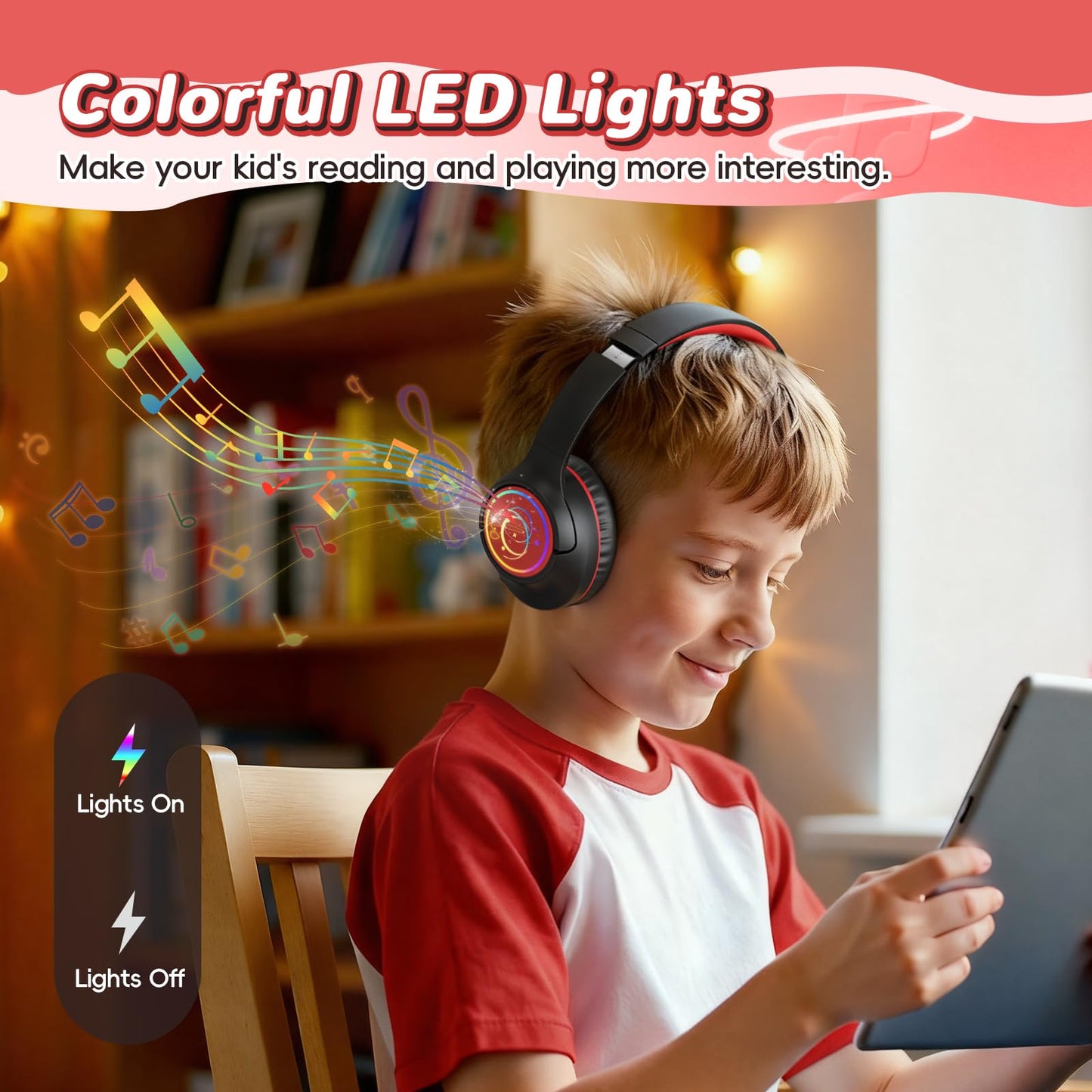 Kids Bluetooth Headphones, 85H Playtime for Toddler Boys, Black with LED