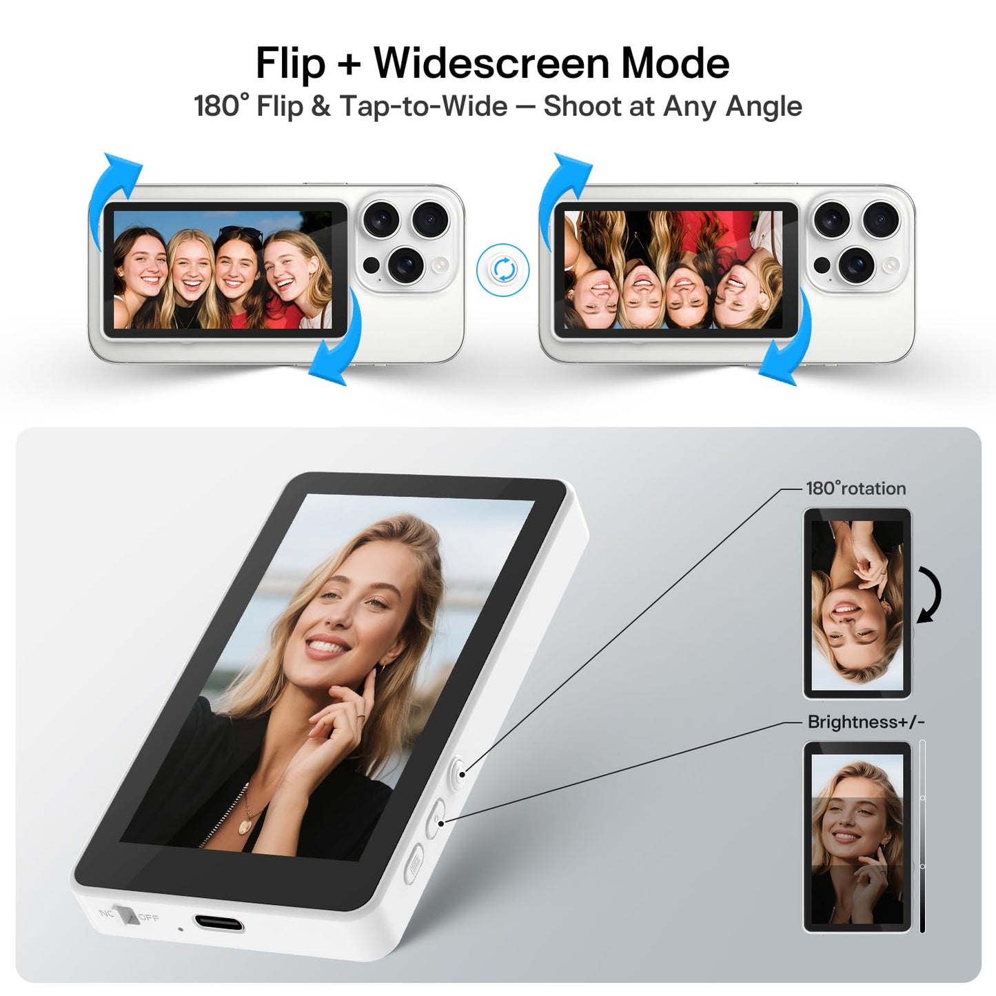 Henrety Wireless Vlog Selfie Monitor Screen for iPhone & Android, Bluetooth Remote, 180° Flip, Magnetic Stand, Wide Screen Mode, 1800mAh Battery, Rear