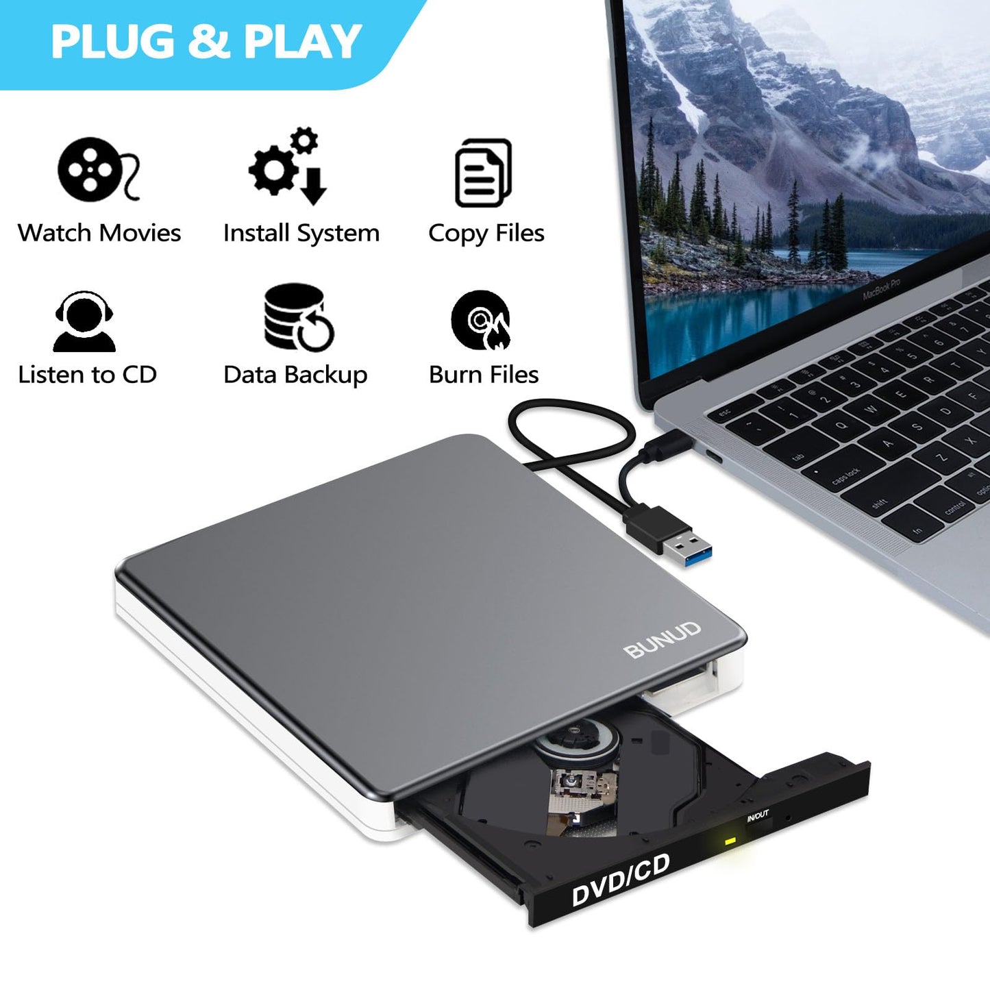 External DVD Drive, USB C Superdrive for Apple USB 3.0 DVD Burner Reader for Mac, Portable CD +/-RW Drive External DVD Player for Laptop MacBook