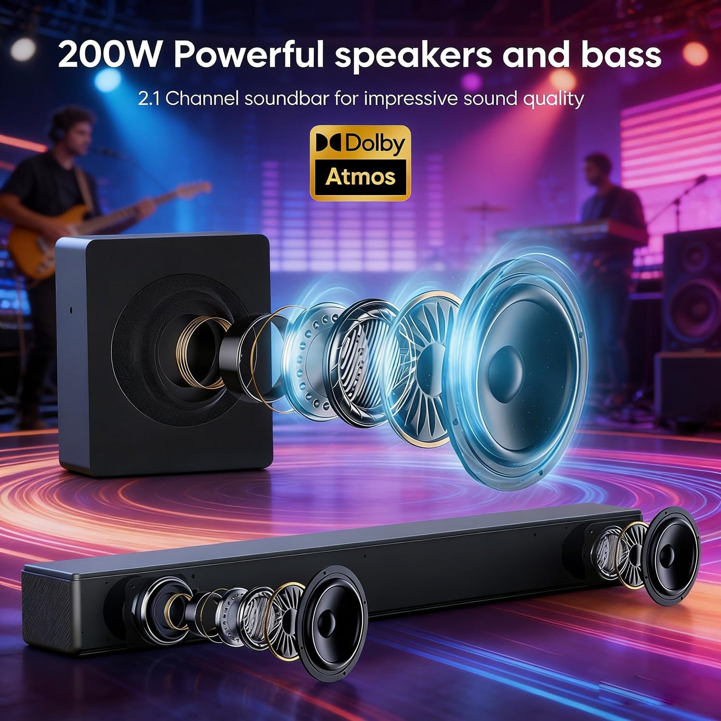 Sound Bar with Subwoofer, 100W Bass Soundbar for Smart TV, w/Dolby Atmos 3D Surround Sound System, 2.1CH Home Theater Audio Soundbar, Adjustable Home