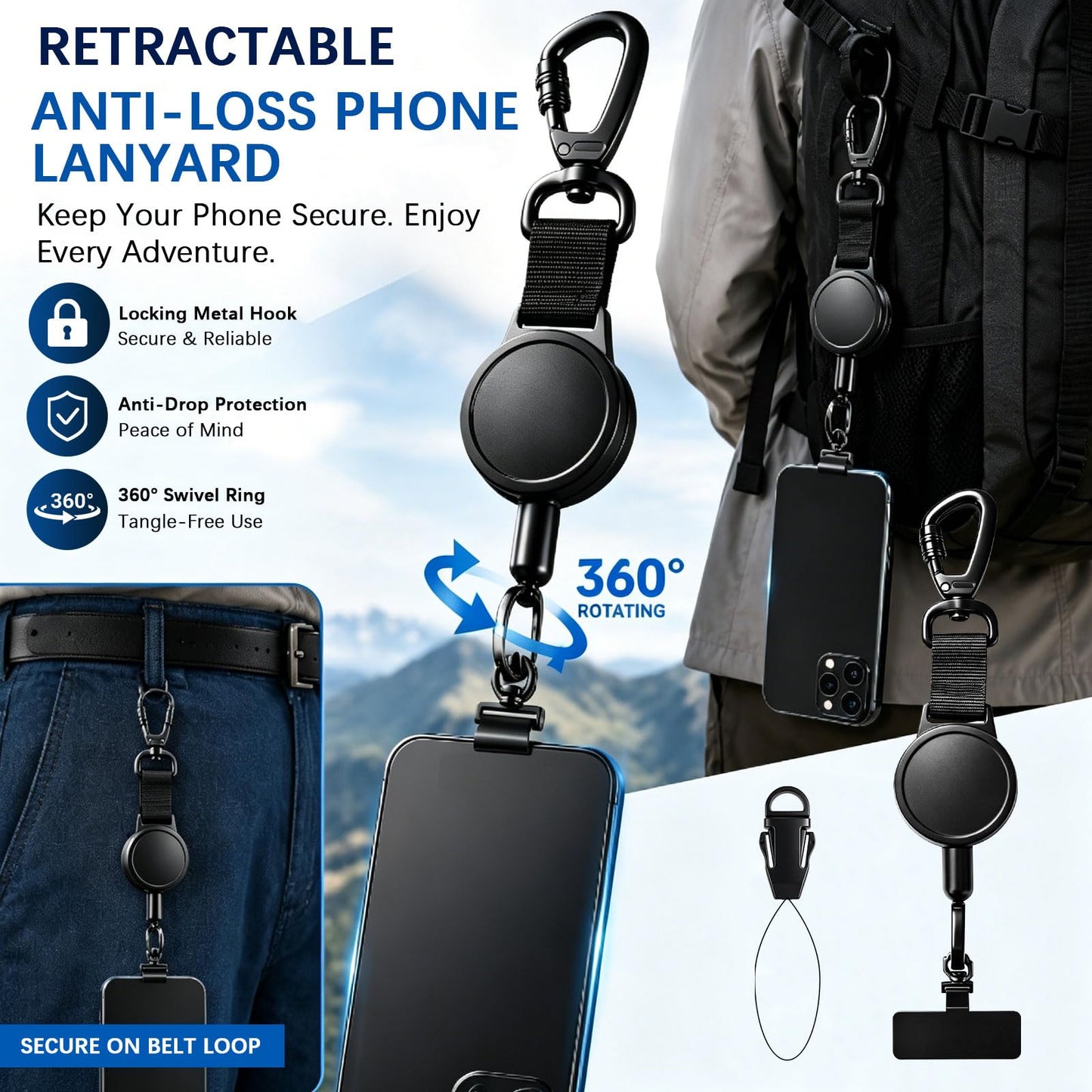 Rosmas Retractable Anti?Loss Phone Tether with Locking Metal Clip, Heavy Duty Steel Cable, Secure Phone Lanyard,Metal 360° Tether Tab for Daily Carry