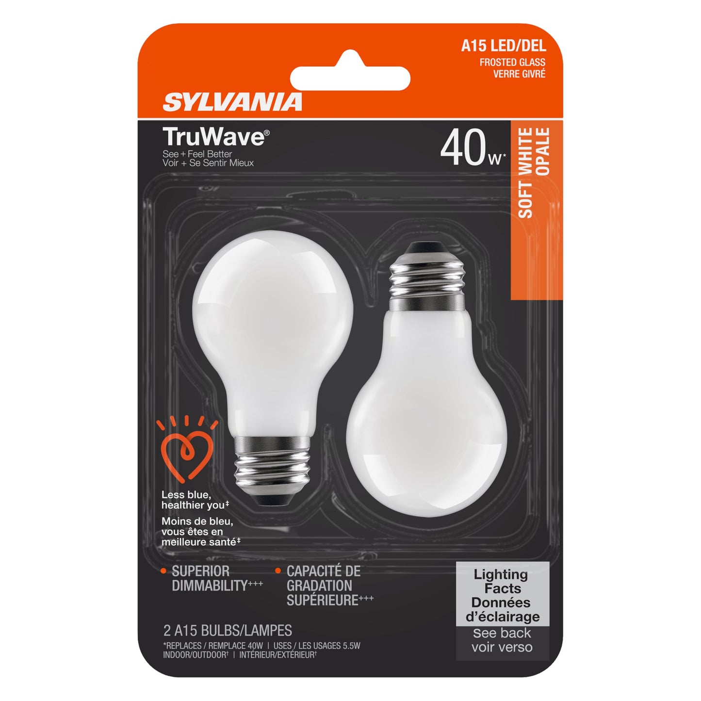 Sylvania LED TruWave Natural Series Ceiling Fan / Fixture Light Bulb, 40W A15 Soft White Medium Base, Dimmable, Frosted - 2 Pack