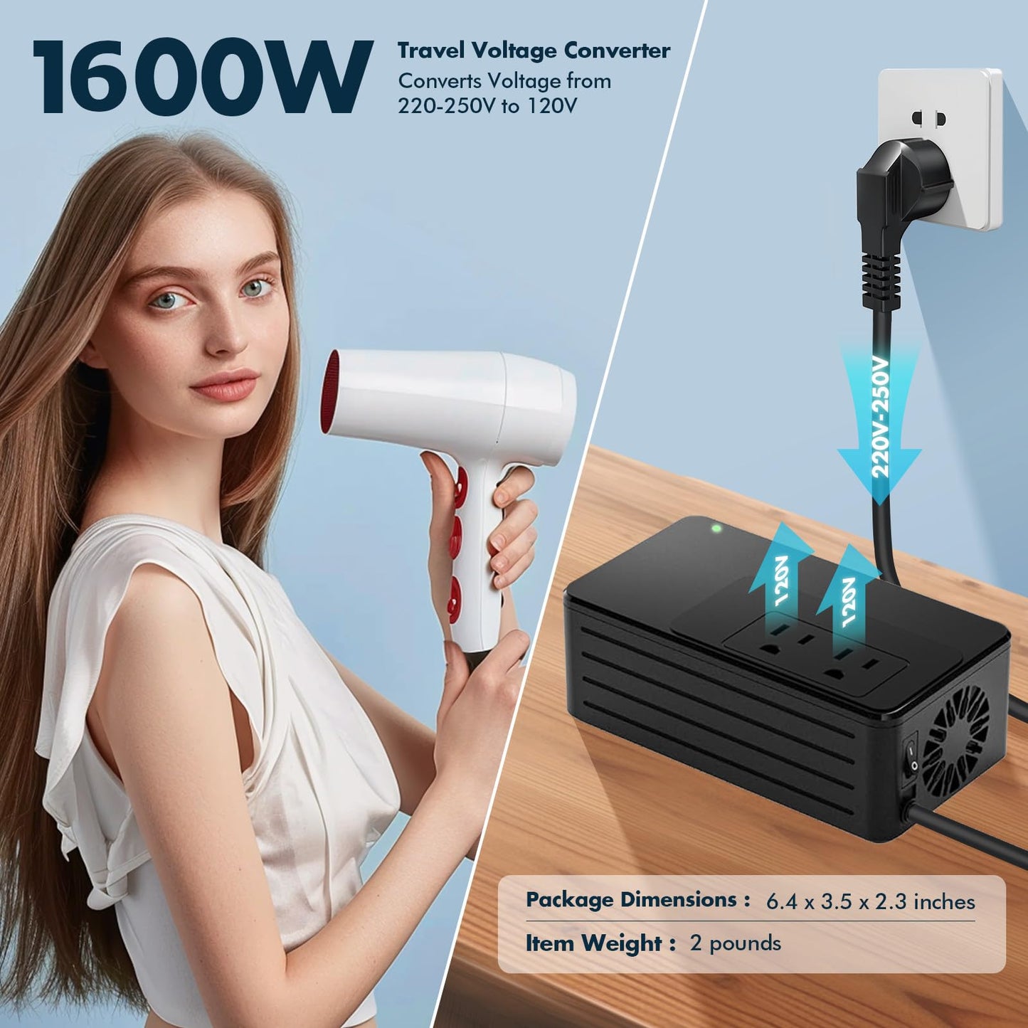 1600W Universal Travel Converter Step-Down 220V to 110V, Pure Sine Wave, for All American Appliances, Lightweight 2lbs
