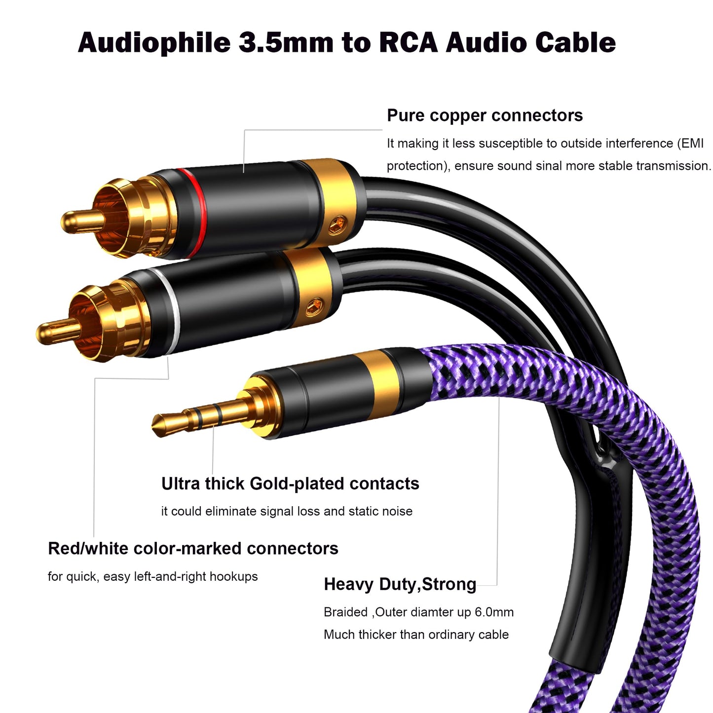 Veimeitk 3.5mm Aux to RCA Audio Cable Audiophile 24K Gold-Plated Pure Copper Shell Braided Hi Fi Stereo Y Cord for Smartphones MP3 Tablets Speakers
