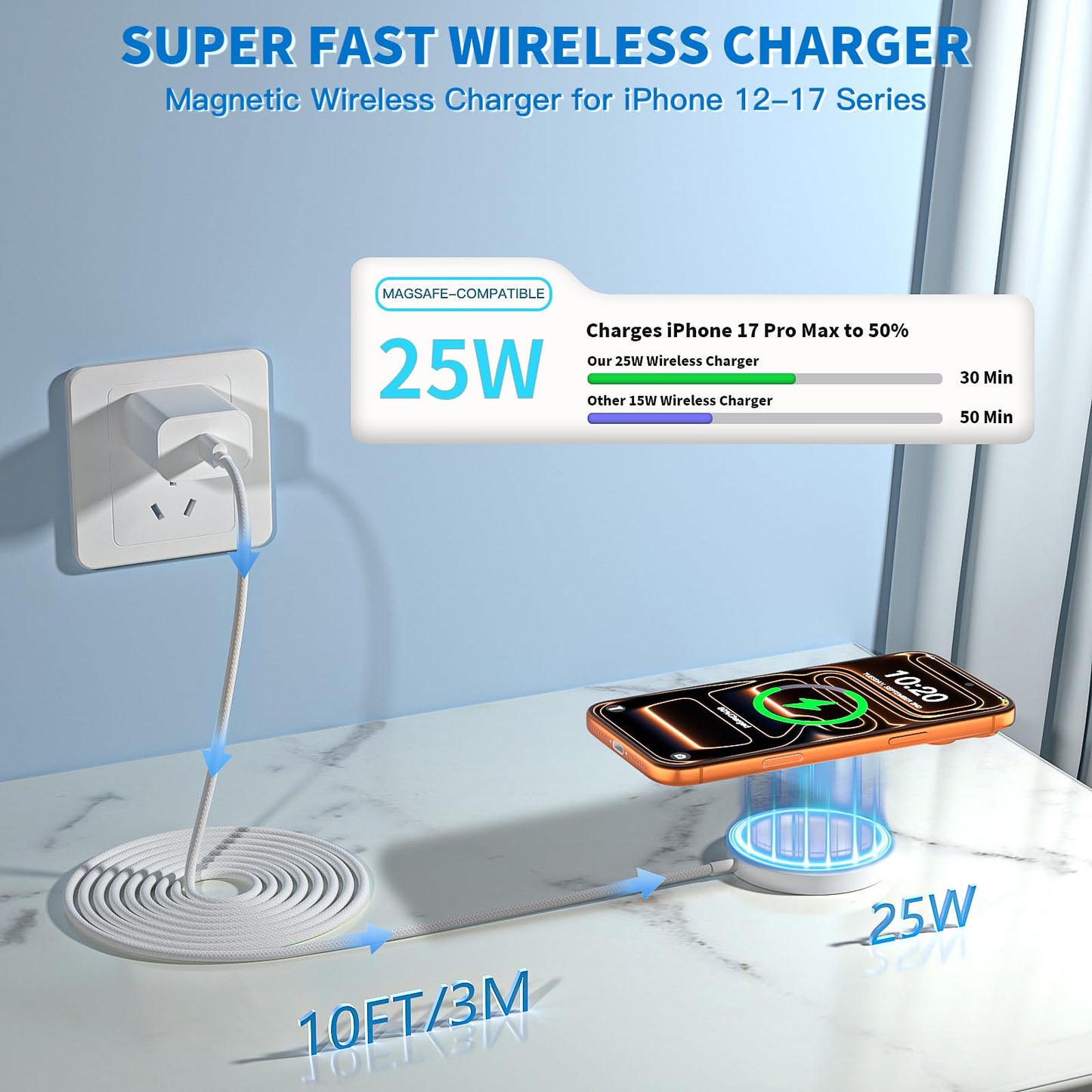 [Apple Certified] Magnetic Wireless Charger, 10FT Long 25W iPhone Magsafe Charger Fast Phone Charging Pad Wireless Magnetic Braid Cable Charge