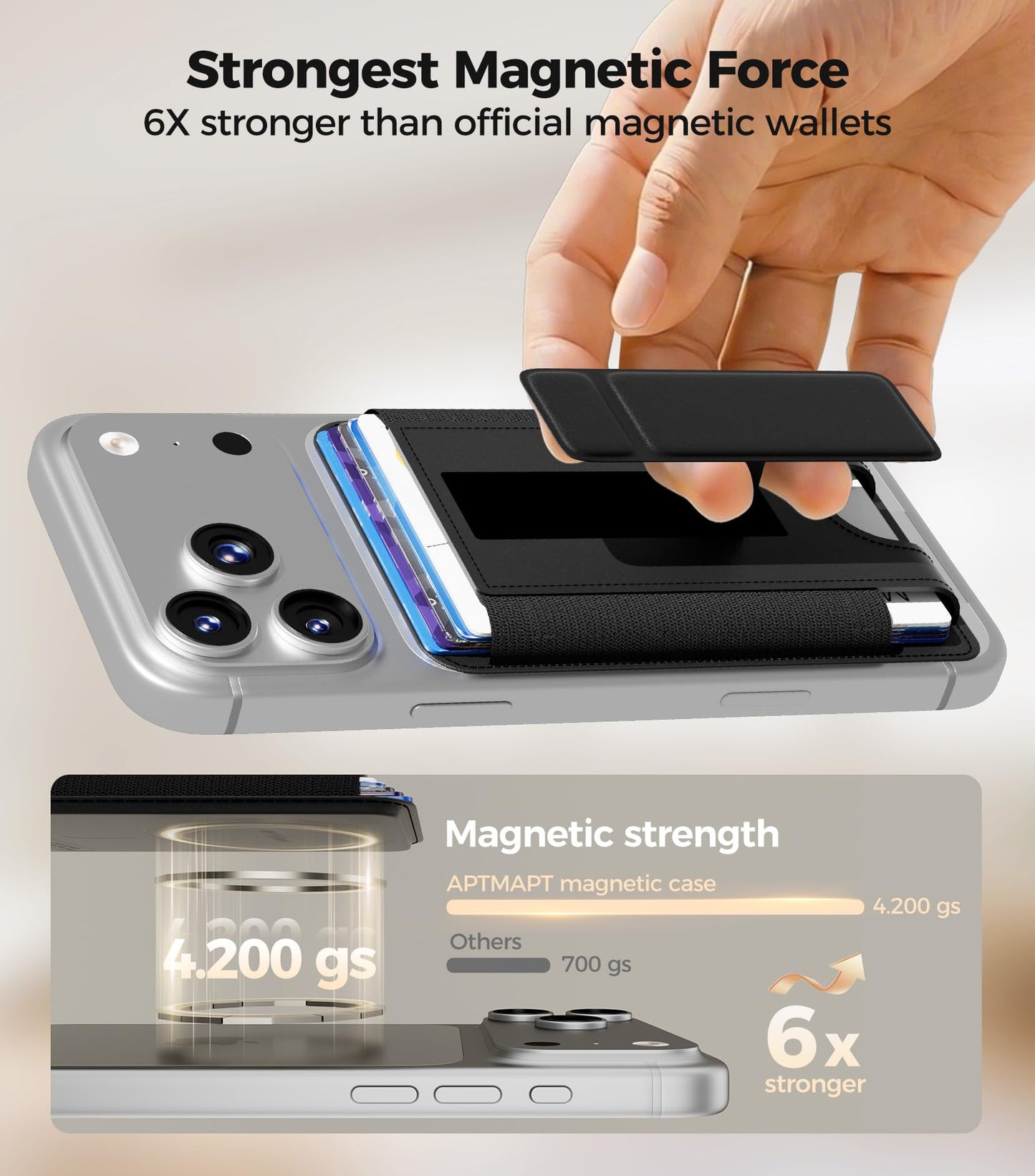 APTMAPT for MagSafe Wallet, Works with Apple Find My, 5-Card RFID Holder with Stand Also Grip, Strong Magnetic Wallet for iPhone 17/16/15/14/13/12 Pro