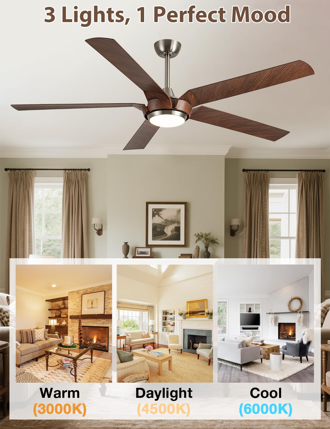 Vaczon 65" Gold Ceiling Fan with Light & Remote - Farmhouse Ceiling Fan with for Bedroom,High Airflow Quiet DC Motor 6-Speed Reversible Indoor/Outdoor