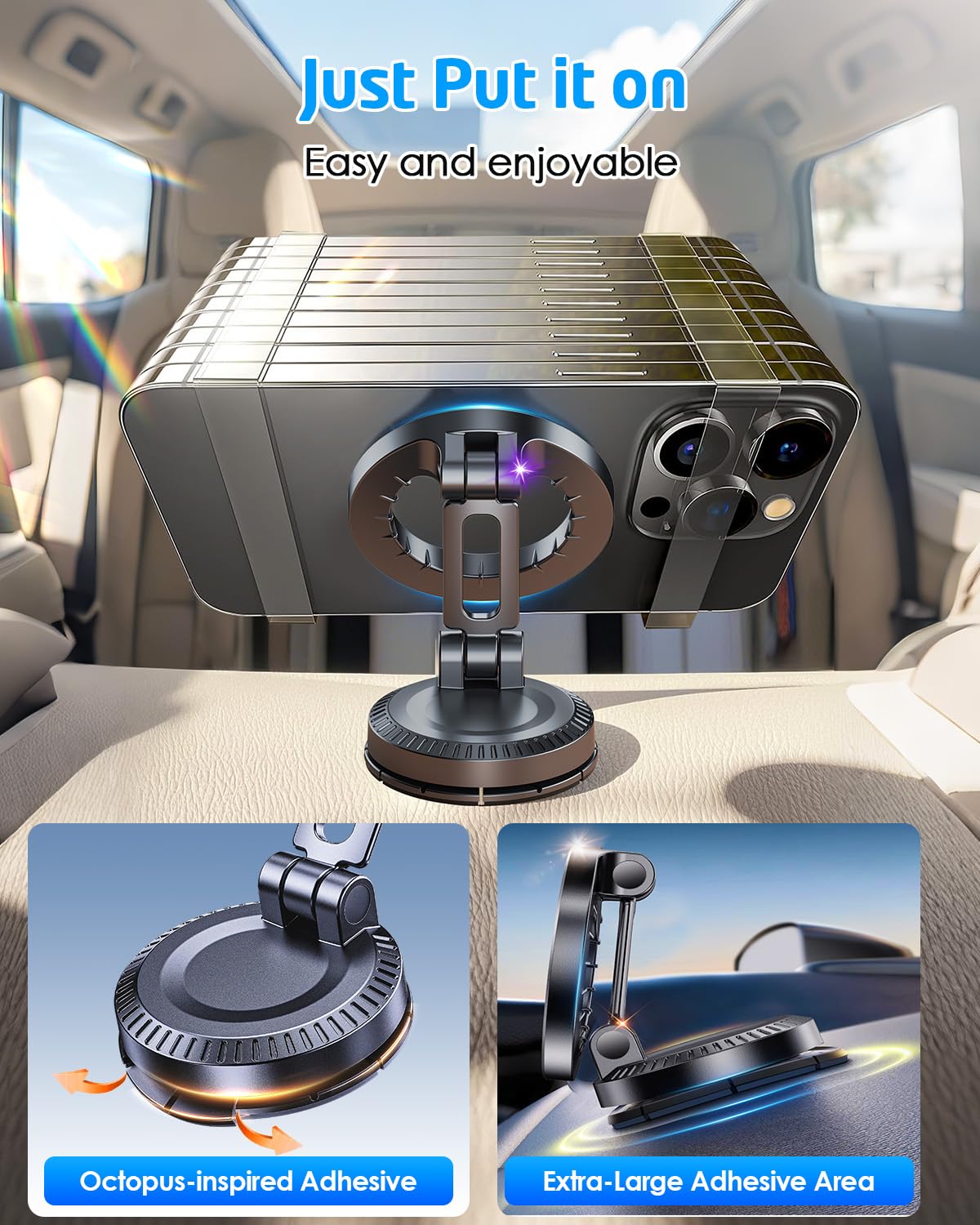 WixGear Stick-On Foldable Magnetic Car Mount Dashboard Phone Holder, Strong Magnet Mount for MagSafe iPhone & All Smartphones, 3M VHB Adhesive