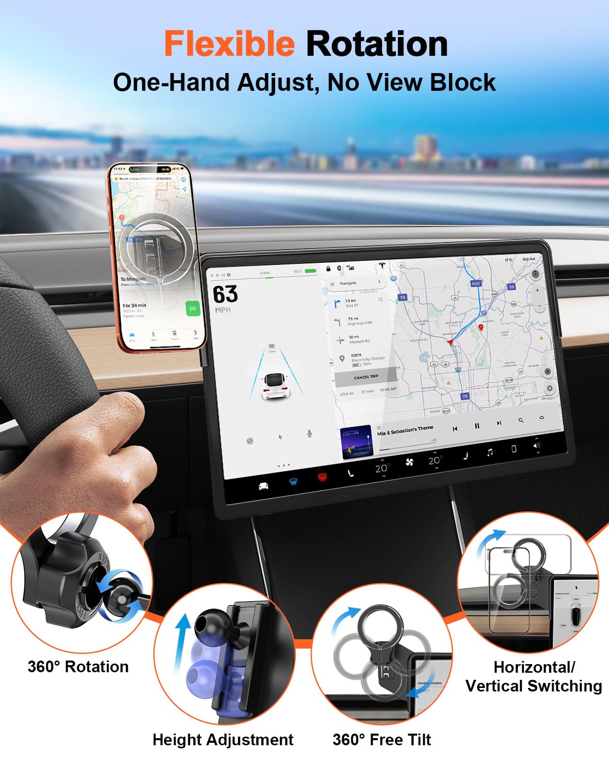 Magnetic Car Mount for Tesla Model Y 2020 2021 2022 2023 2024 & Model 3 2017 2018 2019 2020-2023: 360° Adjustable Car Touch Screen Phone Holder Made
