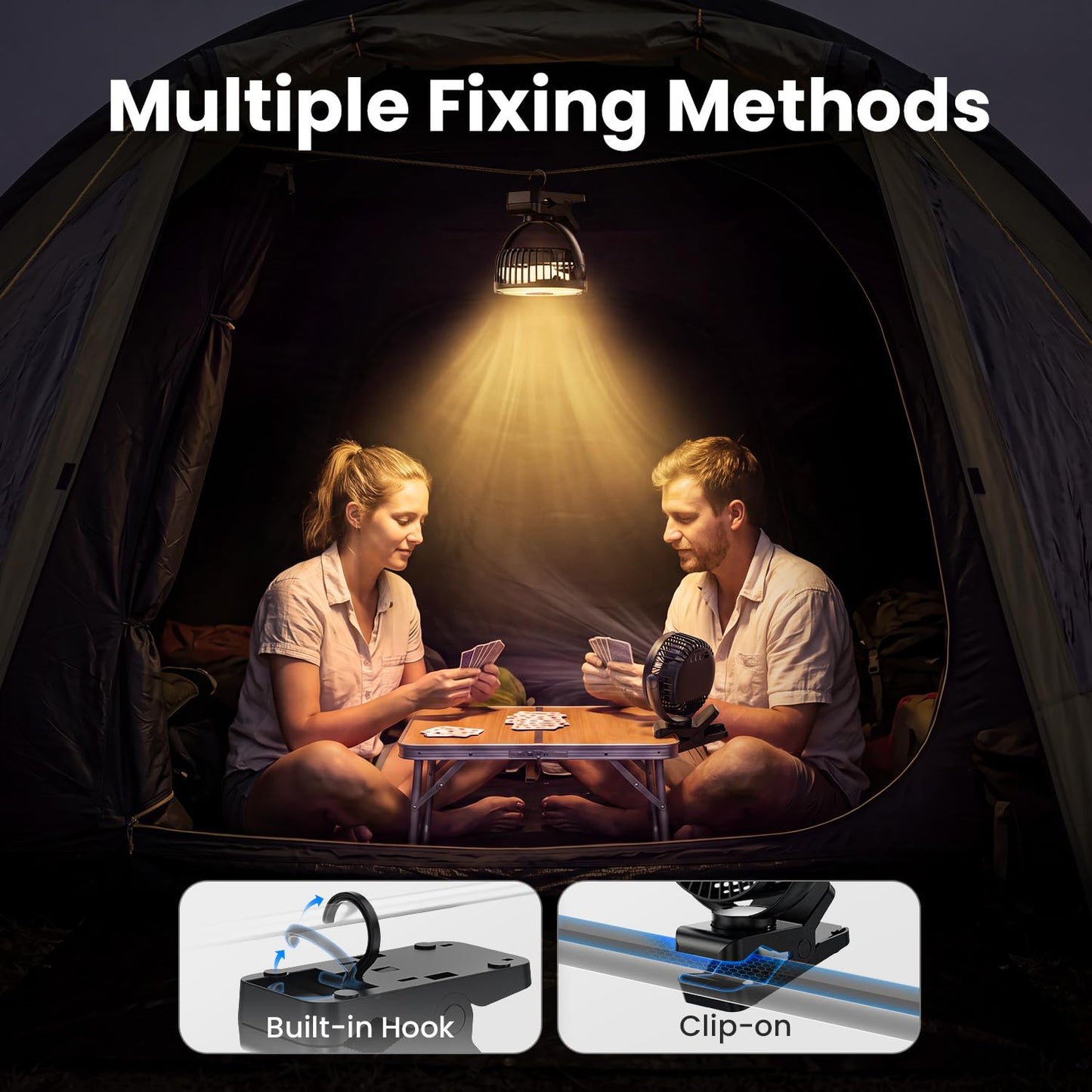 Camping Fan, 12000mAh Clip on Fans with LED Lights/ Remote/ Hooks/3 Levels