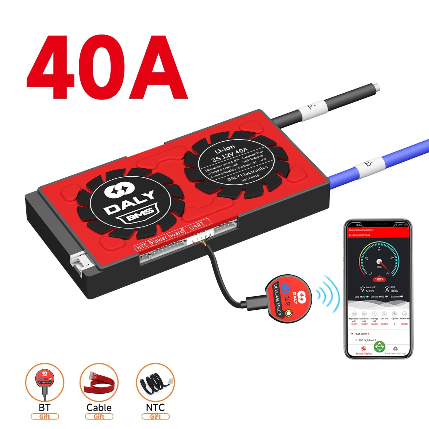 DALY Smart BMS Li-ion 3S 12V 40A with Bluetooth BMS Real-Time Monitoring for Rated 3.7V Lithium Battery Pack Power Wheels Motors(Smart BMS,40A)