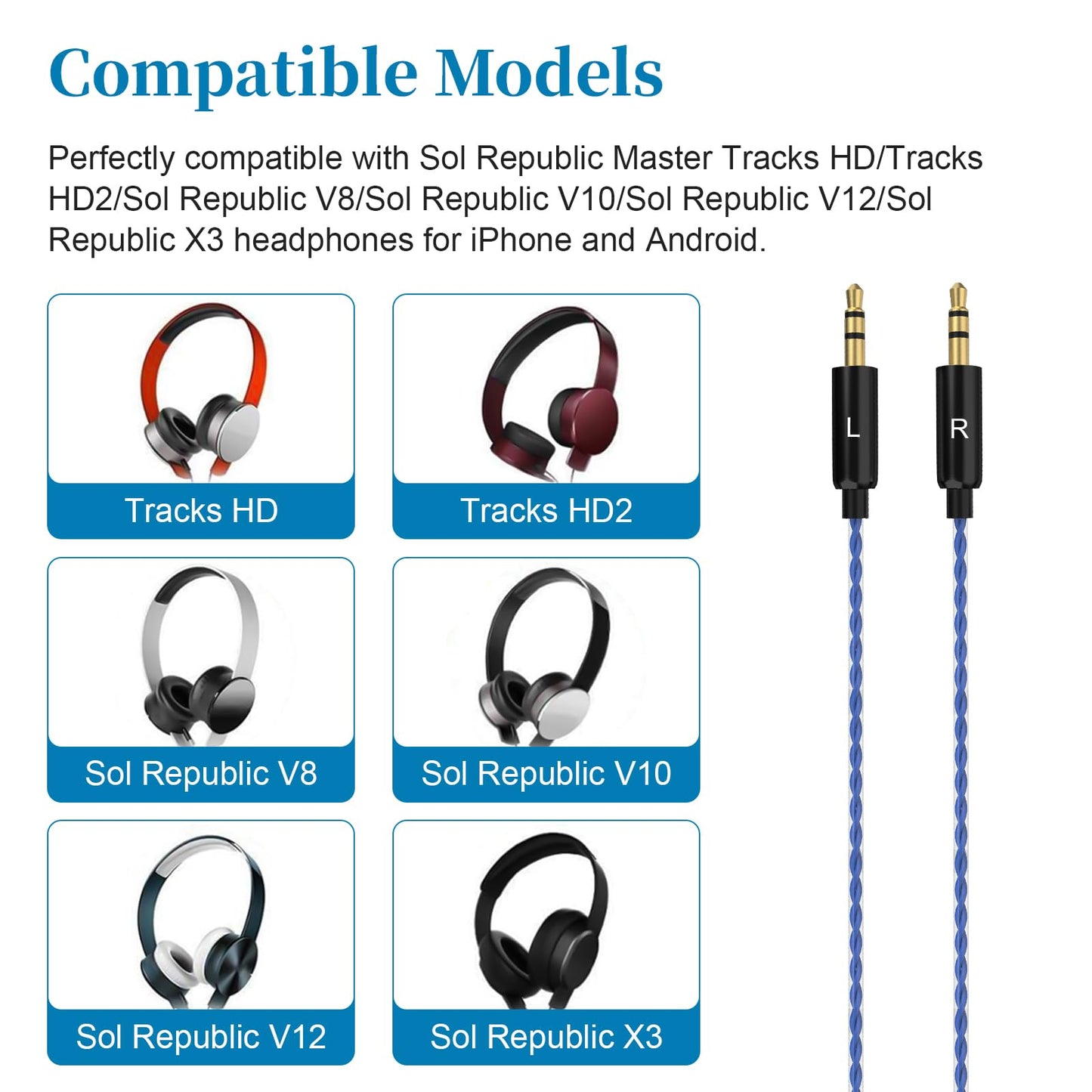 Gneinour Sol Republic Cable Compatible with Sol Republic Master Tracks HD, HD2, Sol Republic V8, V10, V12, X3 Headphone for iPhone, Android Phone…