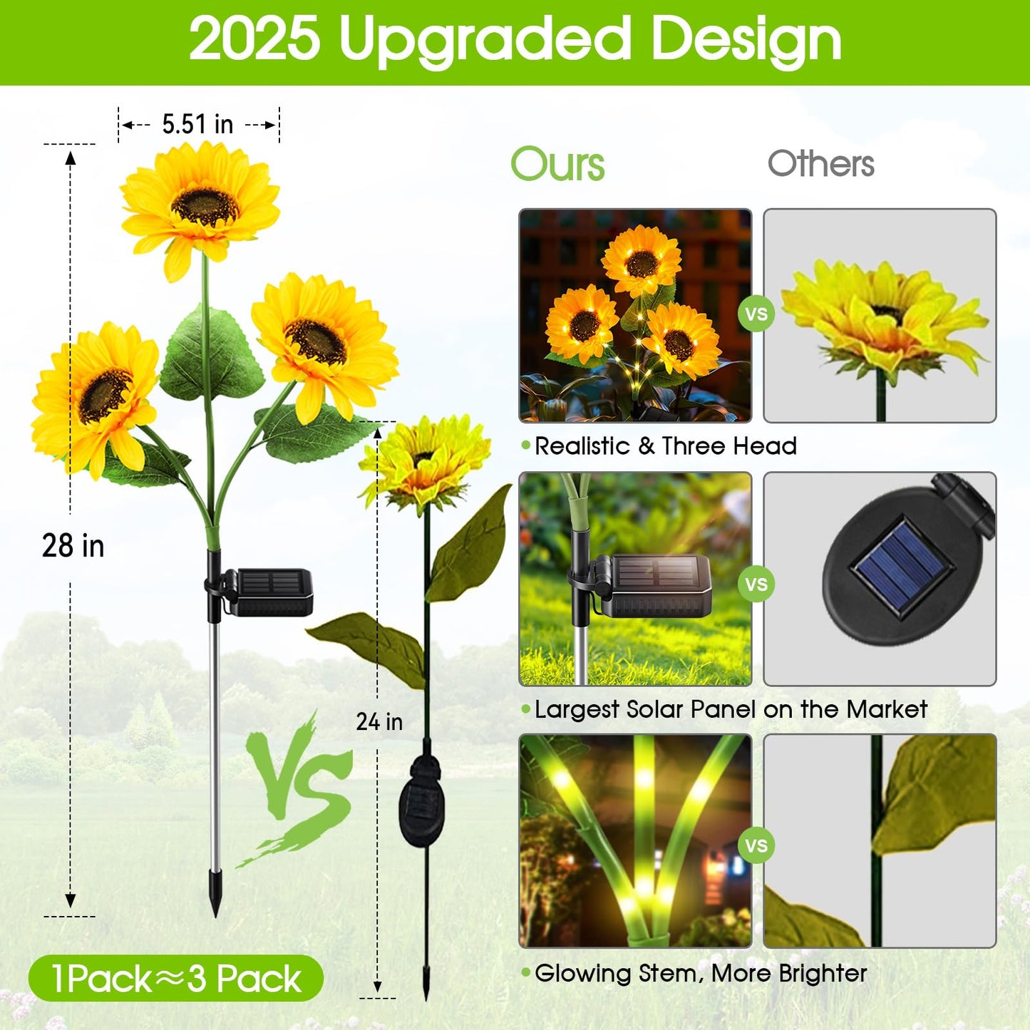 KOOPER Solar Lights Outdoor Garden Decor - Upgraded 3 Pack Solar Garden Lights with 9 Bigger Sunflower Lights, Solar Flowers Outdoor Waterproof