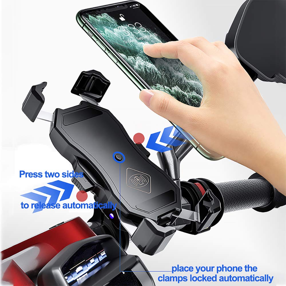 iMESTOU Motorcycle Wireless 15W Qi/USB Quick Charger 3.0 Phone Holder 2 in 1 Mount on 22-32mm Handlebar or Rear-View Mirror Fast Charging for 3.5-6.8