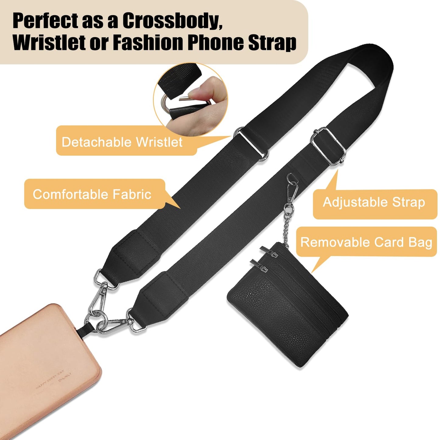 PHULWEL Cell Phone Lanyard with Wallet - Anti-Theft Crossbody Adjustable Phone Strap for Most Smartphones, for Men & Women (Black)