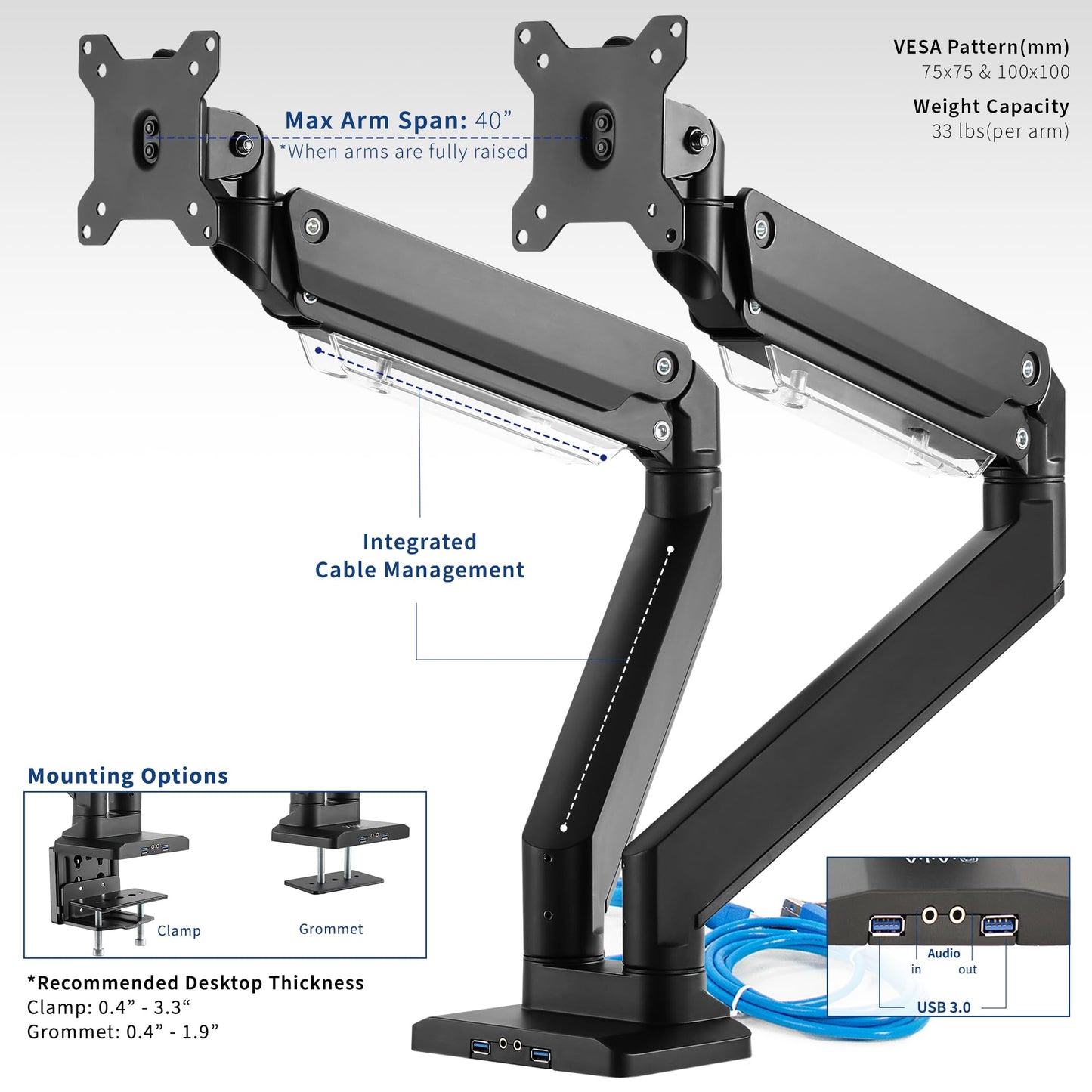 VIVO Premium Aluminum Heavy Duty Arms, Fits 2 Ultrawide Monitors up to 38 inches, Widescreen Dual Monitor Desk Mount with Instant Pneumatic Spring