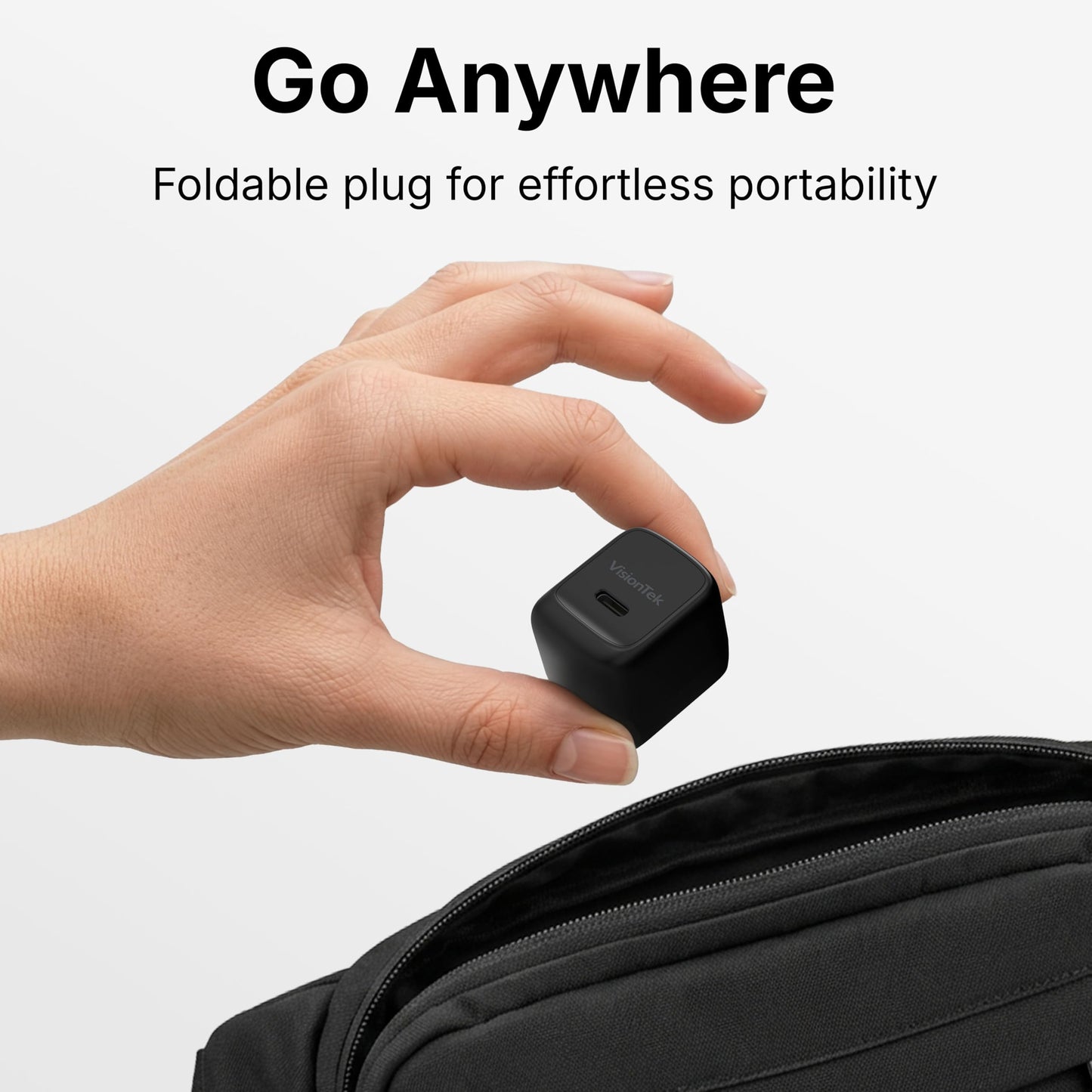 VisionTek Charge Go 30W USB-C GaN Wall Charger, Ultra Compact, Fast Charging, Power Delivery 3.1, Foldable Plug, Compatible with iPhone 17/16, iPad