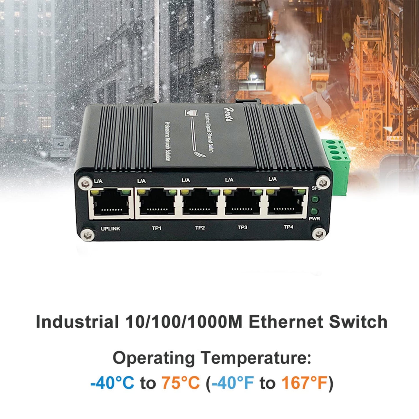 Mini 5-Port Ethernet Switch Hardened Industrial Gigabit Network Switch 10/100/1000BASE-T with Half/Full Duplex & Auto-MDI/MDI-X Function 12~48VDC Wide