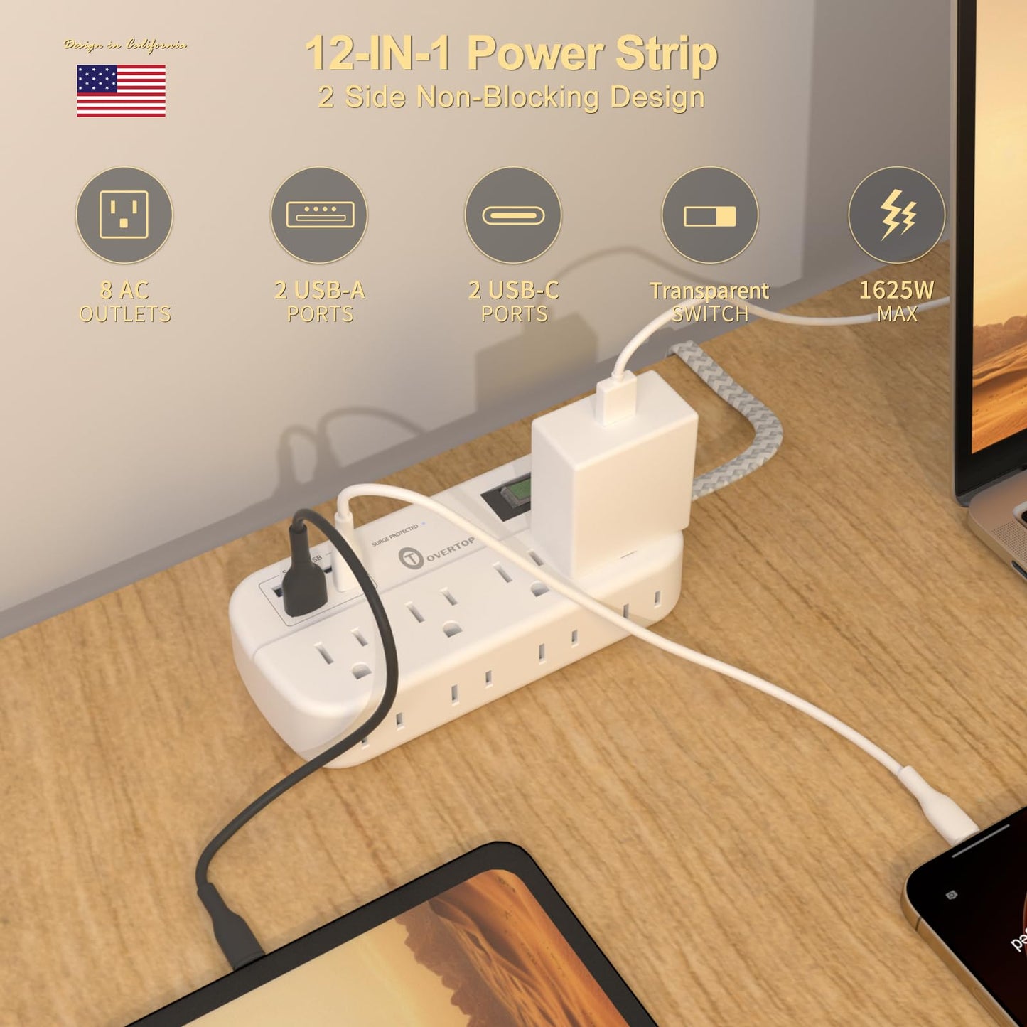 Overtop 12 in 1 Power Strip Surge Protector, 8 Outlets 4 USB (2 USB C Ports), Compact Wall Outlet Extender, Nightlight Flat Plug 5FT Extension Cord