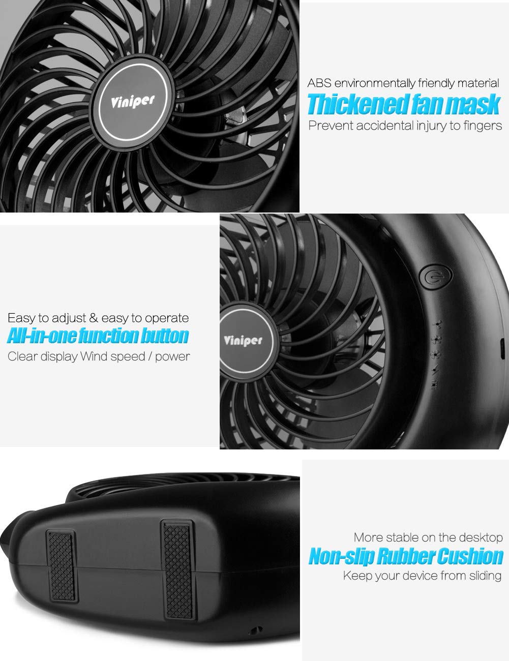 Viniper Portable Rechargeable Fan, Small Desk Fan : 3 Speeds & about 8-24 Hours Longer Working, 180 Rotation, Portable Battery Desktop Fan