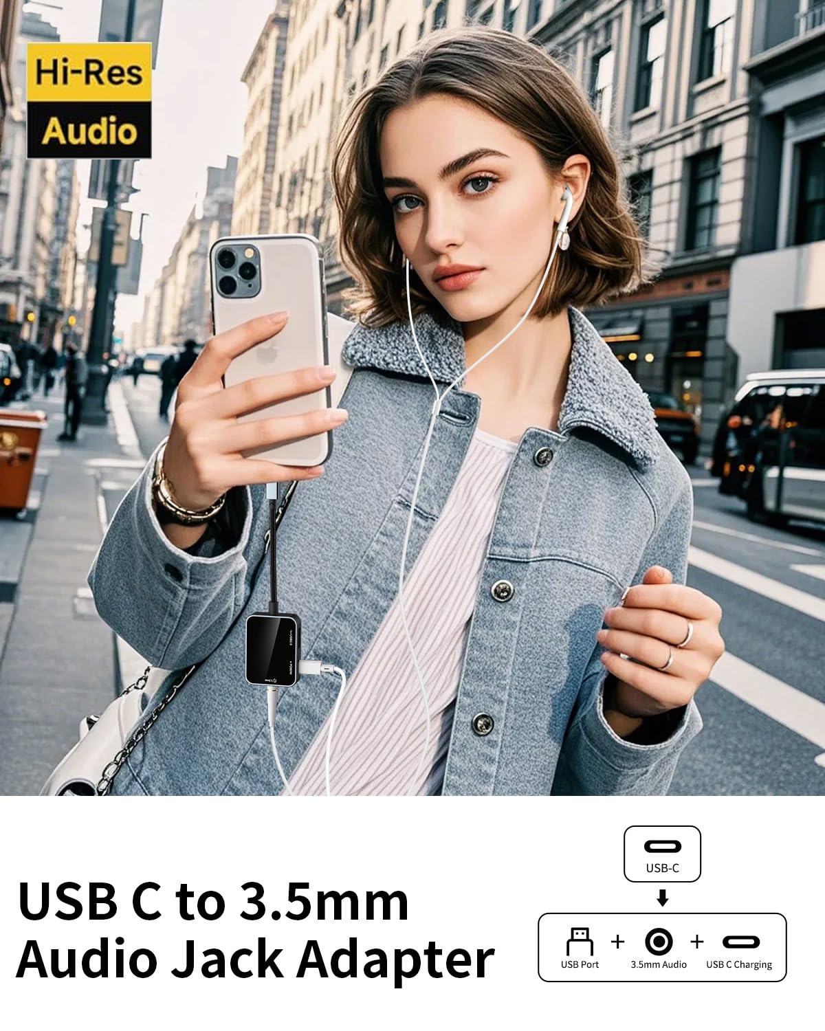 USB C to 3.5mm Audio Adapter 3-in-1 USB-C Headphone Adapter with USB OTG Data Port & 60W PD Charging, Type-C Aux to 3.5mm Converter Compatible