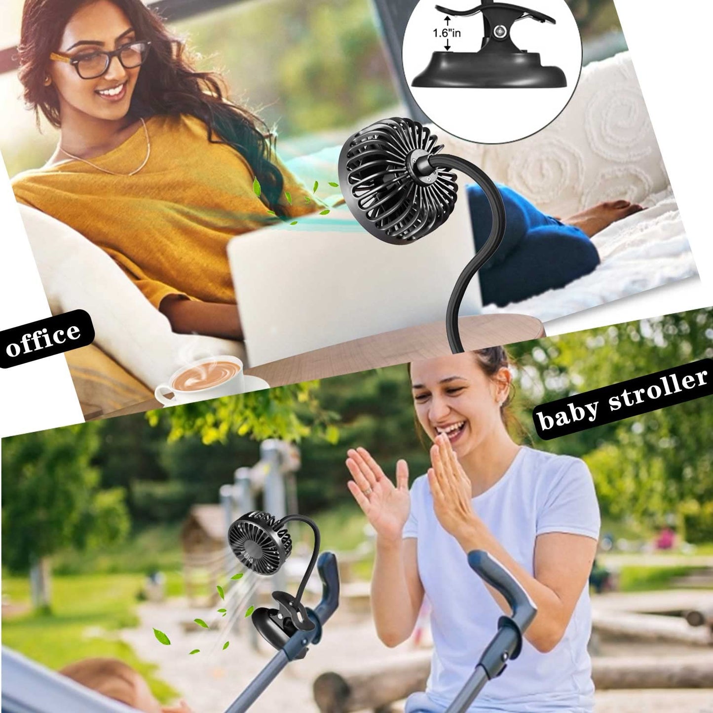 Glovion Clip On USB Mini Desk Fan with Emergency Power Bank, Battery Operated Rechargeable Portable Fan - Flexible Neck, 3 Speed Personal Cooling